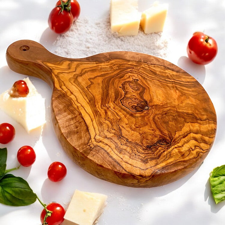 Olive Wood Round Pizza Board with Handle | End Grain Chopping/Cutting/Serving Board | Various sizes