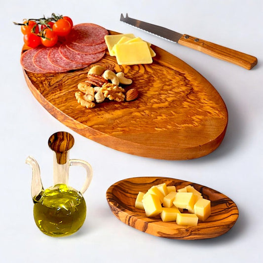 Cheese Lovers Gift Set Bundle | Olive Wood Oval Cutting/Chopping/Cheese Board, Oval Dish, Cheese Knife,  Oil bottle