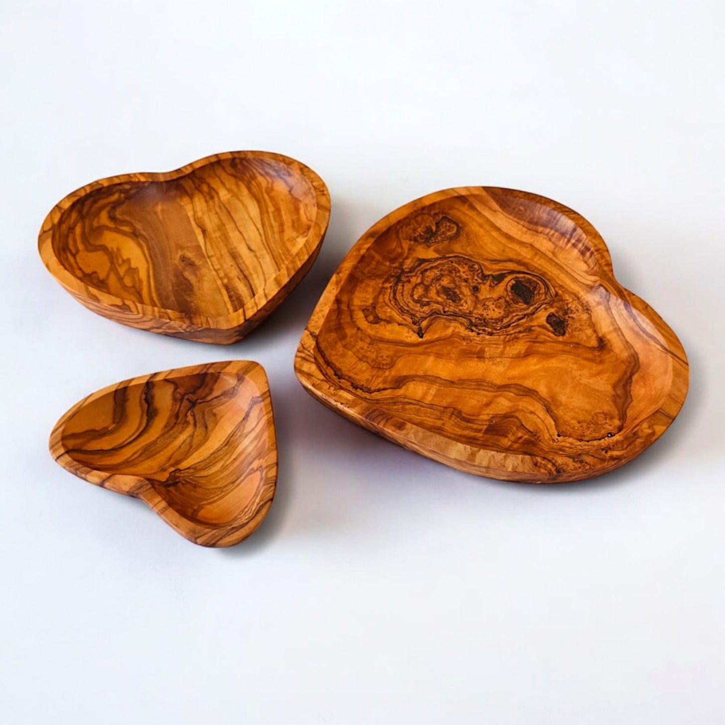 Set Of 3 Handcrafted Olive Wood Wooden Heart Shaped Side Dishes For Nuts, Condiments, Side Salads etc. Romantic Gift Idea