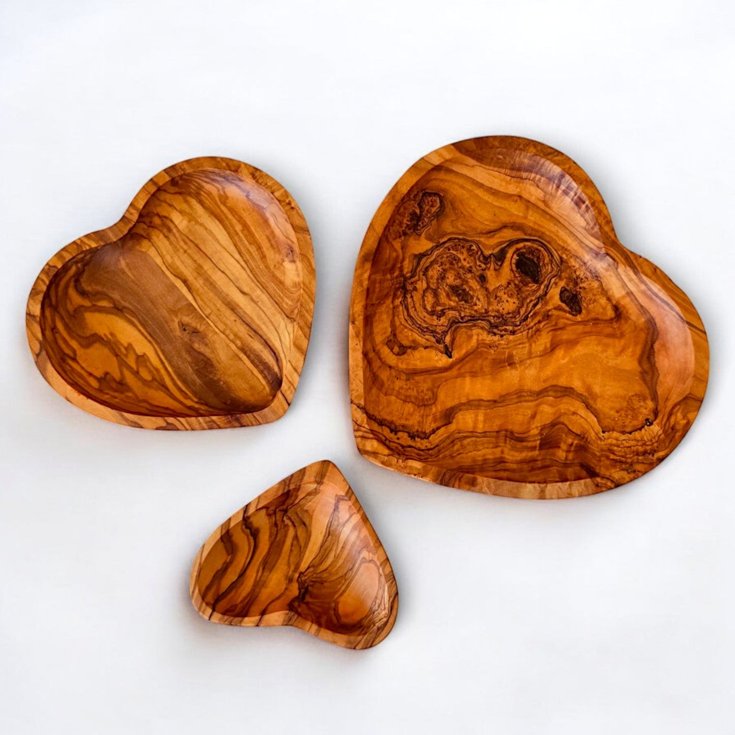 Set Of 3 Handcrafted Olive Wood Wooden Heart Shaped Side Dishes For Nuts, Condiments, Side Salads etc. Romantic Gift Idea