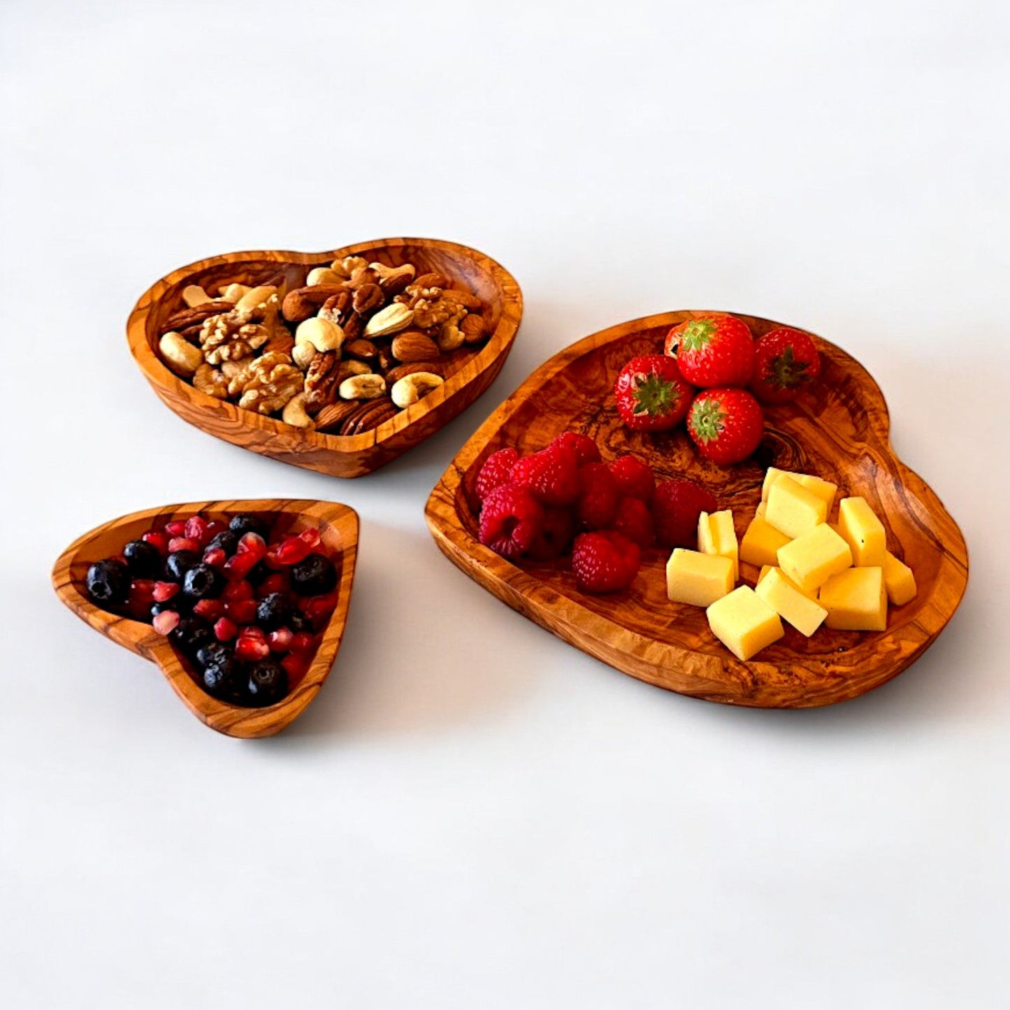 Set Of 3 Handcrafted Olive Wood Wooden Heart Shaped Side Dishes For Nuts, Condiments, Side Salads etc. Romantic Gift Idea