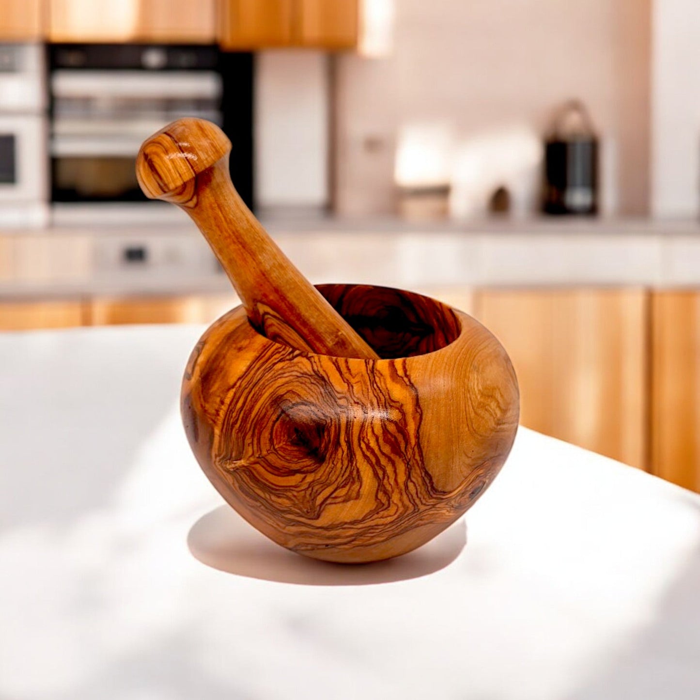 Pestle & Mortar Made From Solid Olive Wood | Round Heavy Wooden | Makes Great Housewarming Gift