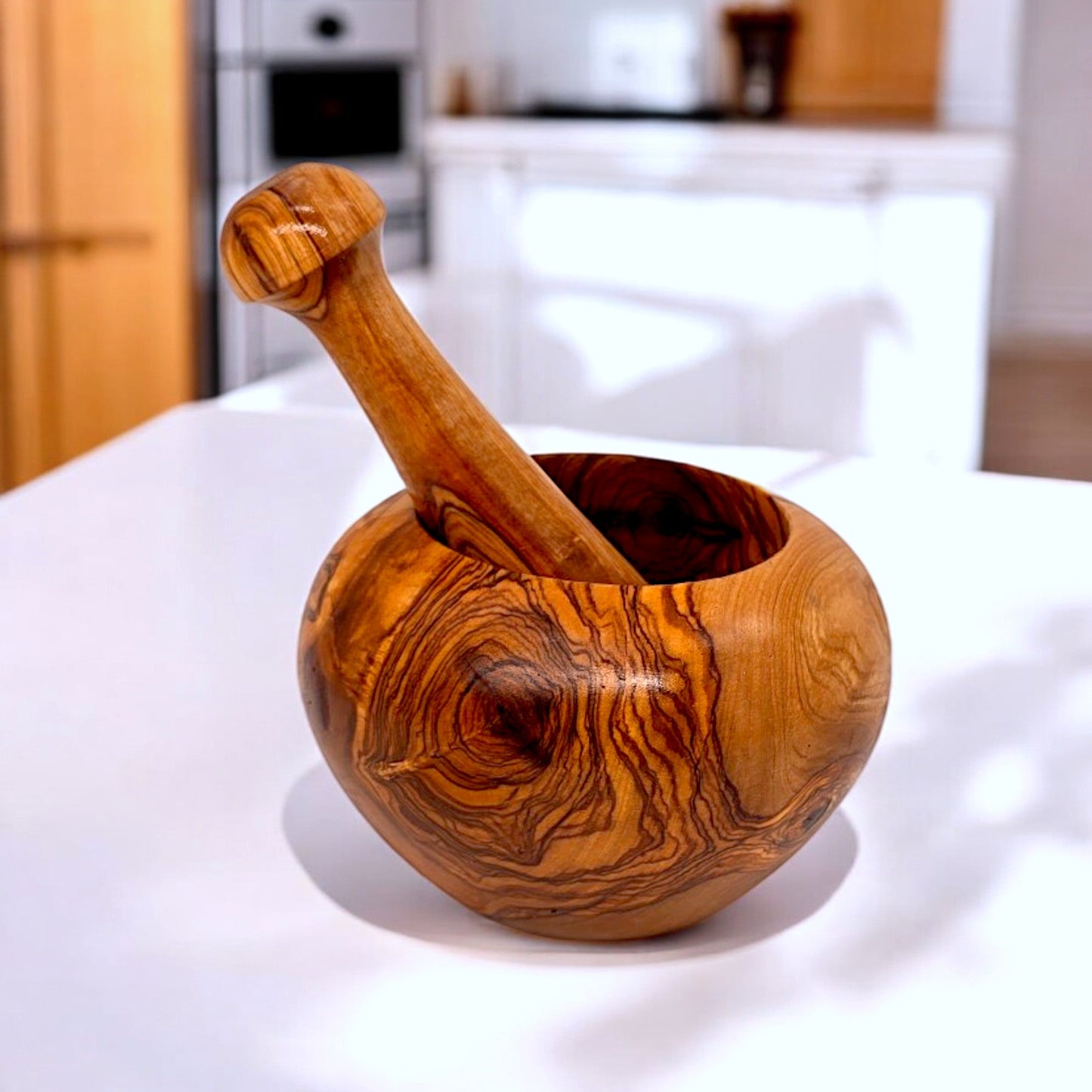 Pestle & Mortar Made From Solid Olive Wood | Round Heavy Wooden | Makes Great Housewarming Gift