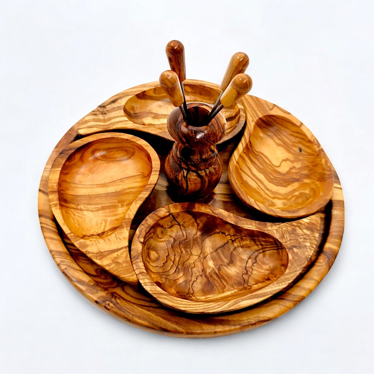 Olive Wood Handcrafted Wooden 4 Piece Appetizer Set Serving Tray/Platter W/ Skewers