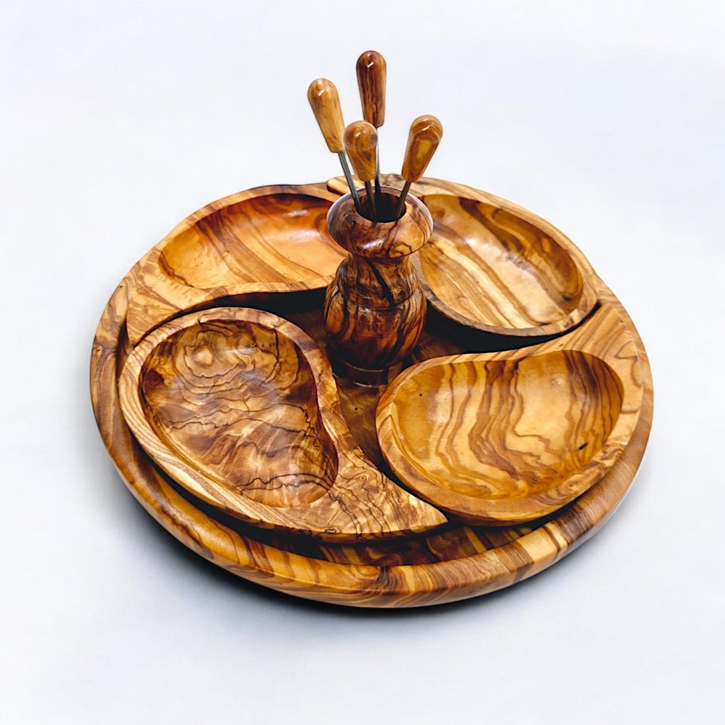 Olive Wood Handcrafted Wooden 4 Piece Appetizer Set Serving Tray/Platter W/ Skewers