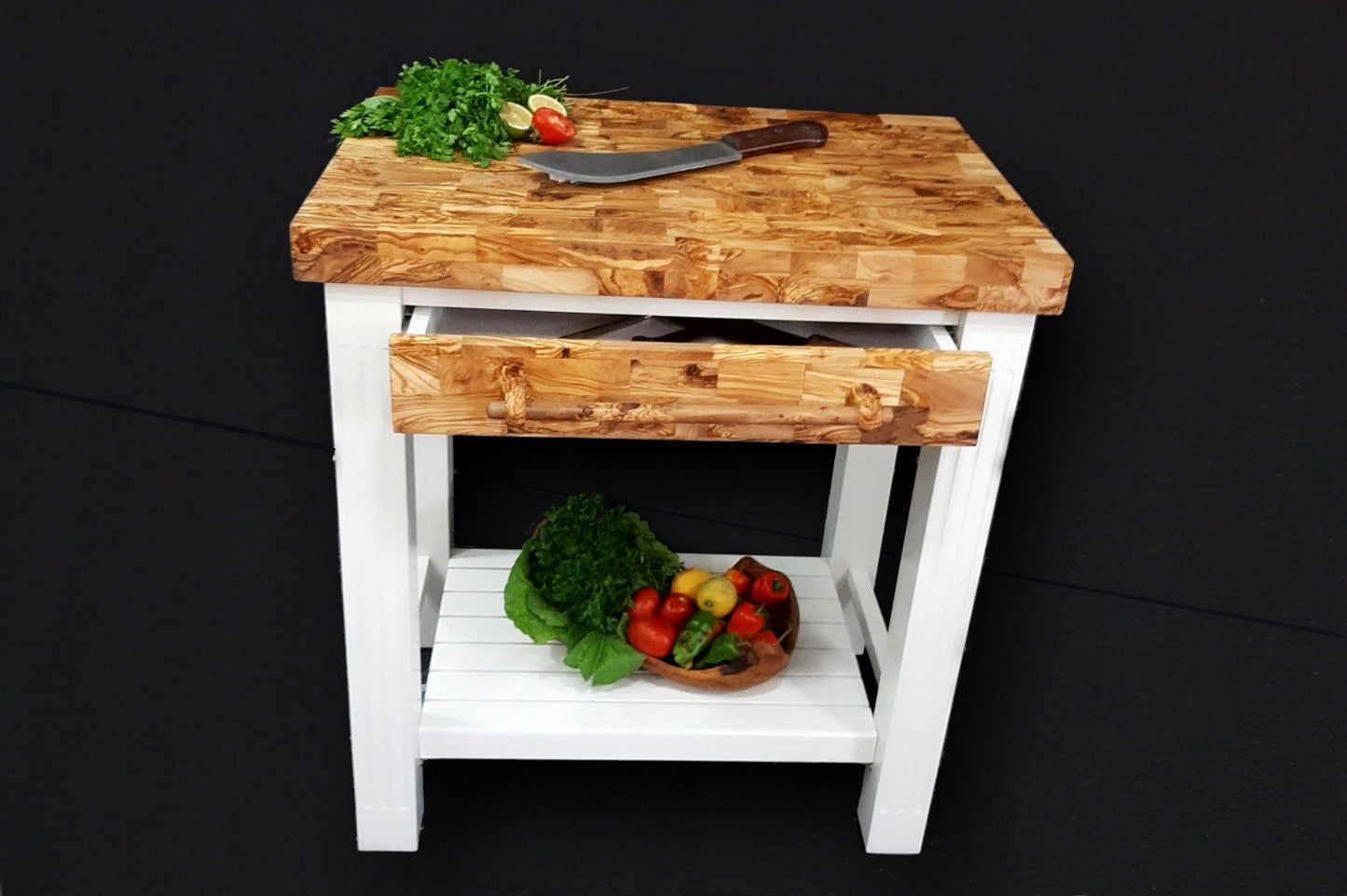 Olive Wood Scratch Resistant Solid Food Prep End Table Butcher Block / Kitchen Cart With Storage & Shelves