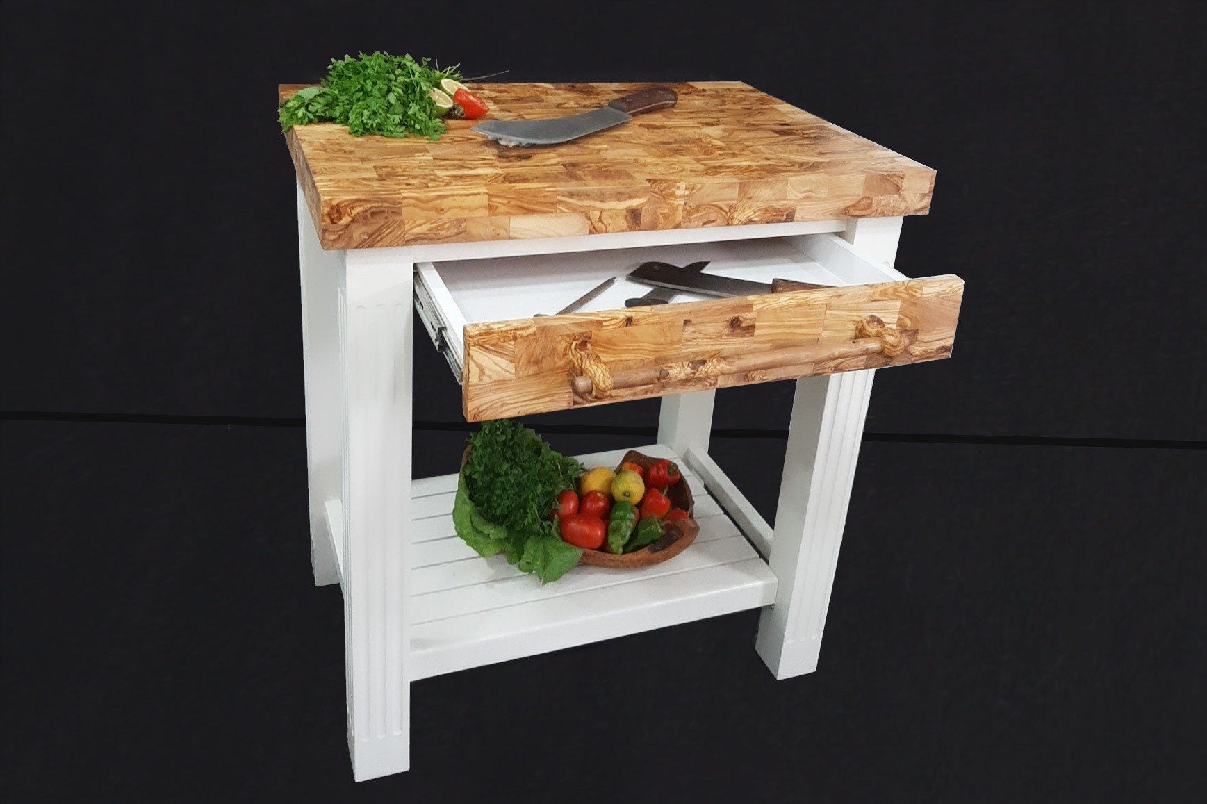 Olive Wood Scratch Resistant Solid Food Prep End Table Butcher Block / Kitchen Cart With Storage & Shelves