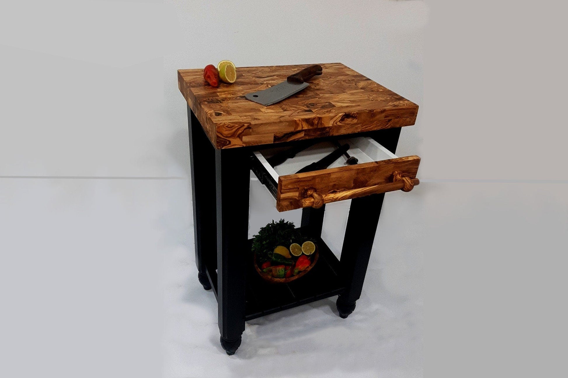 Olive Wood butcher block island, Table Butcher Block, Kitchen Cart, small kitchen island, wedding gift, gift for parents, gift