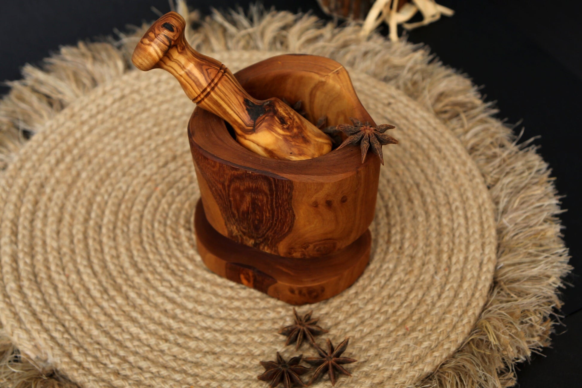 Olive Wood Rustic Mortar & Pestle with Support , pestle and mortar, grinding, crushing, gift, christmas