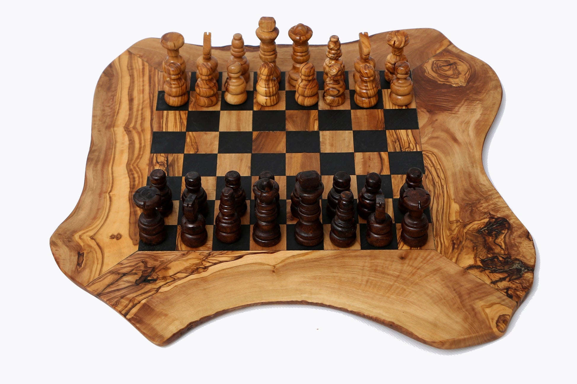 Olive Wood Handcrafted Rustic Shaped Wooden Chess Board Set With Pieces | Unique Gift Idea For Chess Lovers