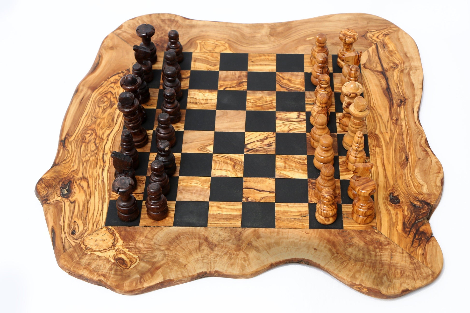 Olive Wood Handcrafted Rustic Shaped Wooden Chess Board Set With Pieces | Unique Gift Idea For Chess Lovers