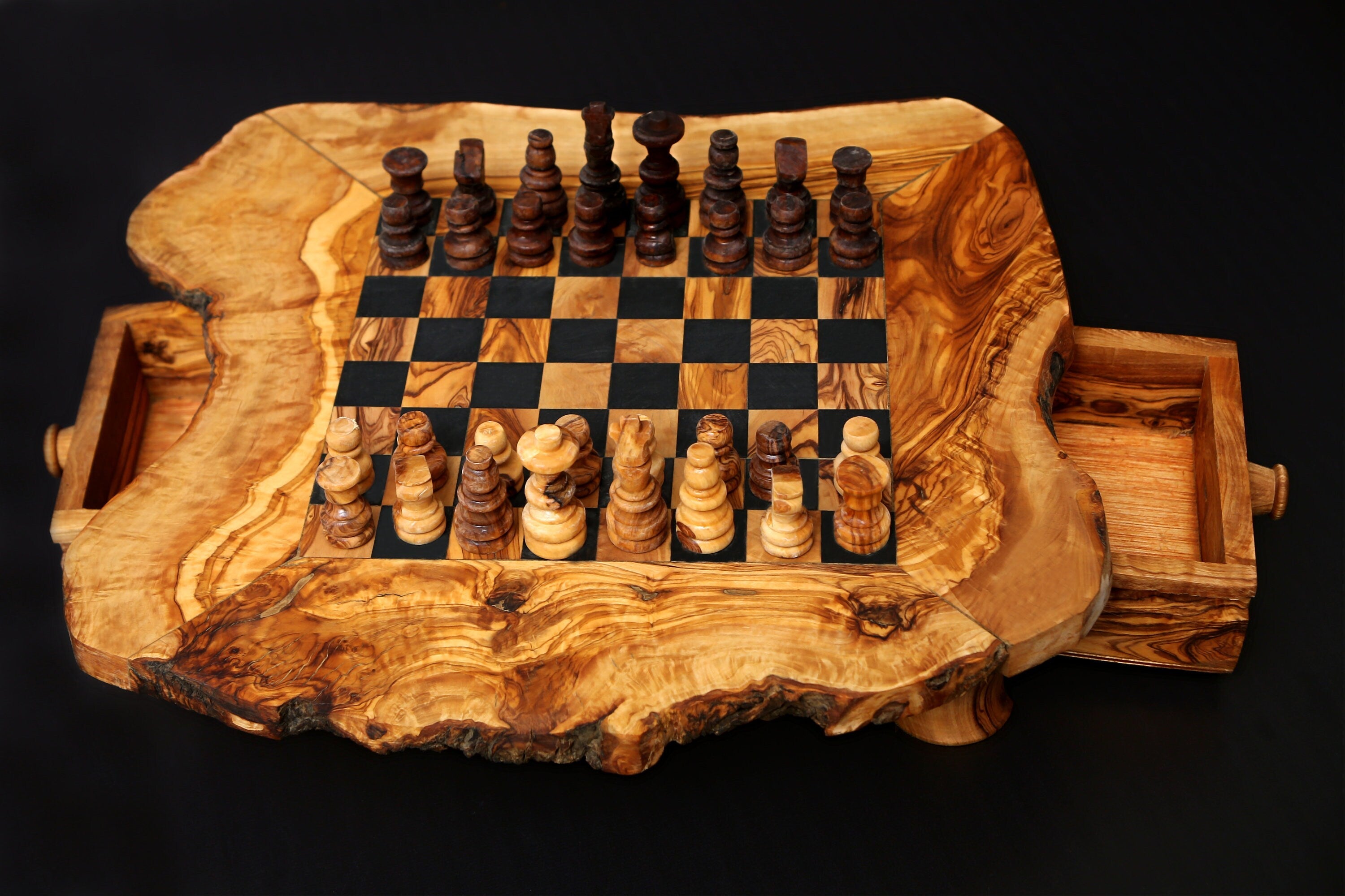 Olive Wood Wooden Handcrafted Chess Board Set W/ Pieces & Two Drawers - Perfect Unique Gift For Chess Lovers