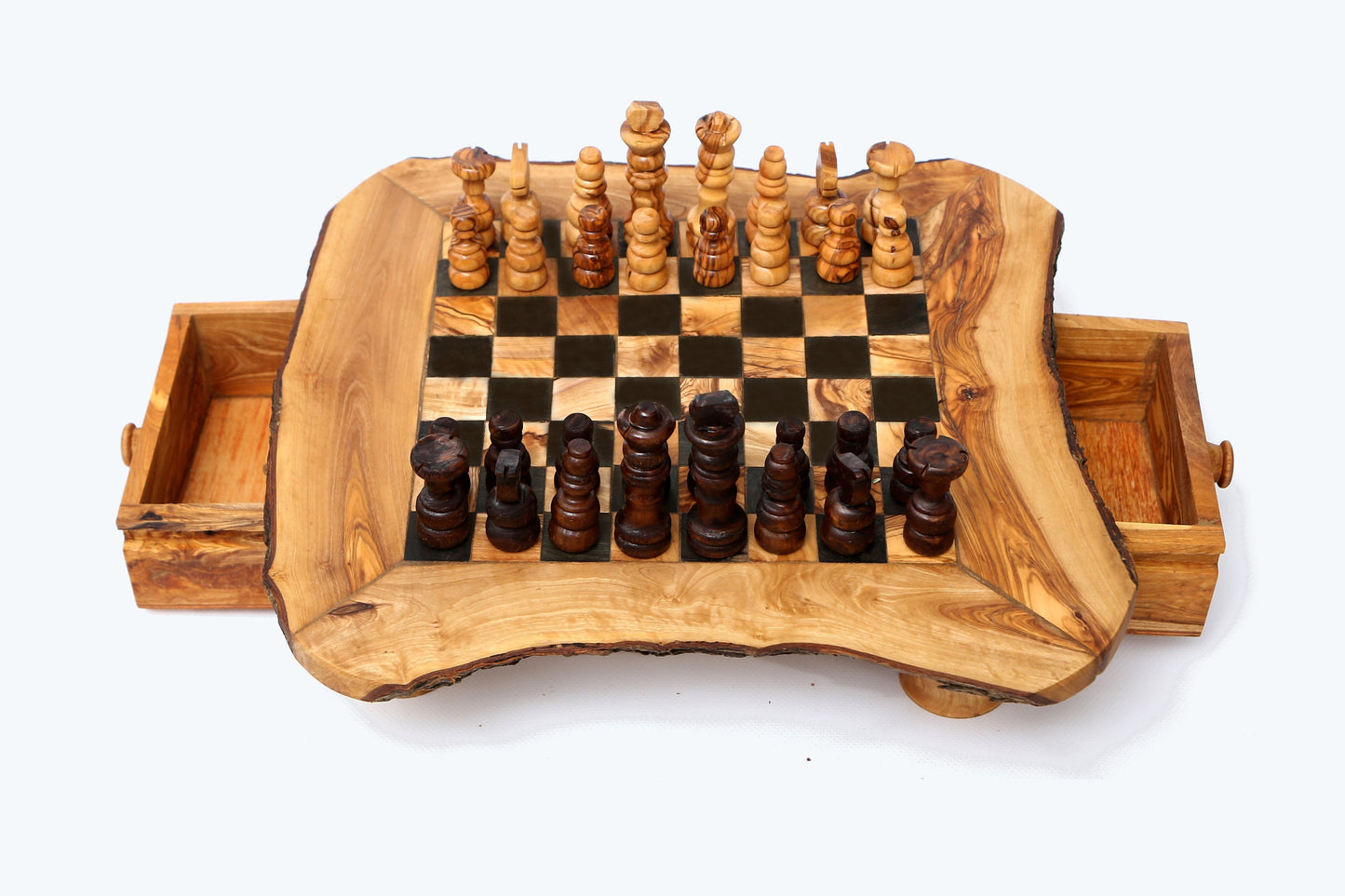 Olive Wood Wooden Handcrafted Chess Board Set W/ Pieces & Two Drawers - Perfect Unique Gift For Chess Lovers