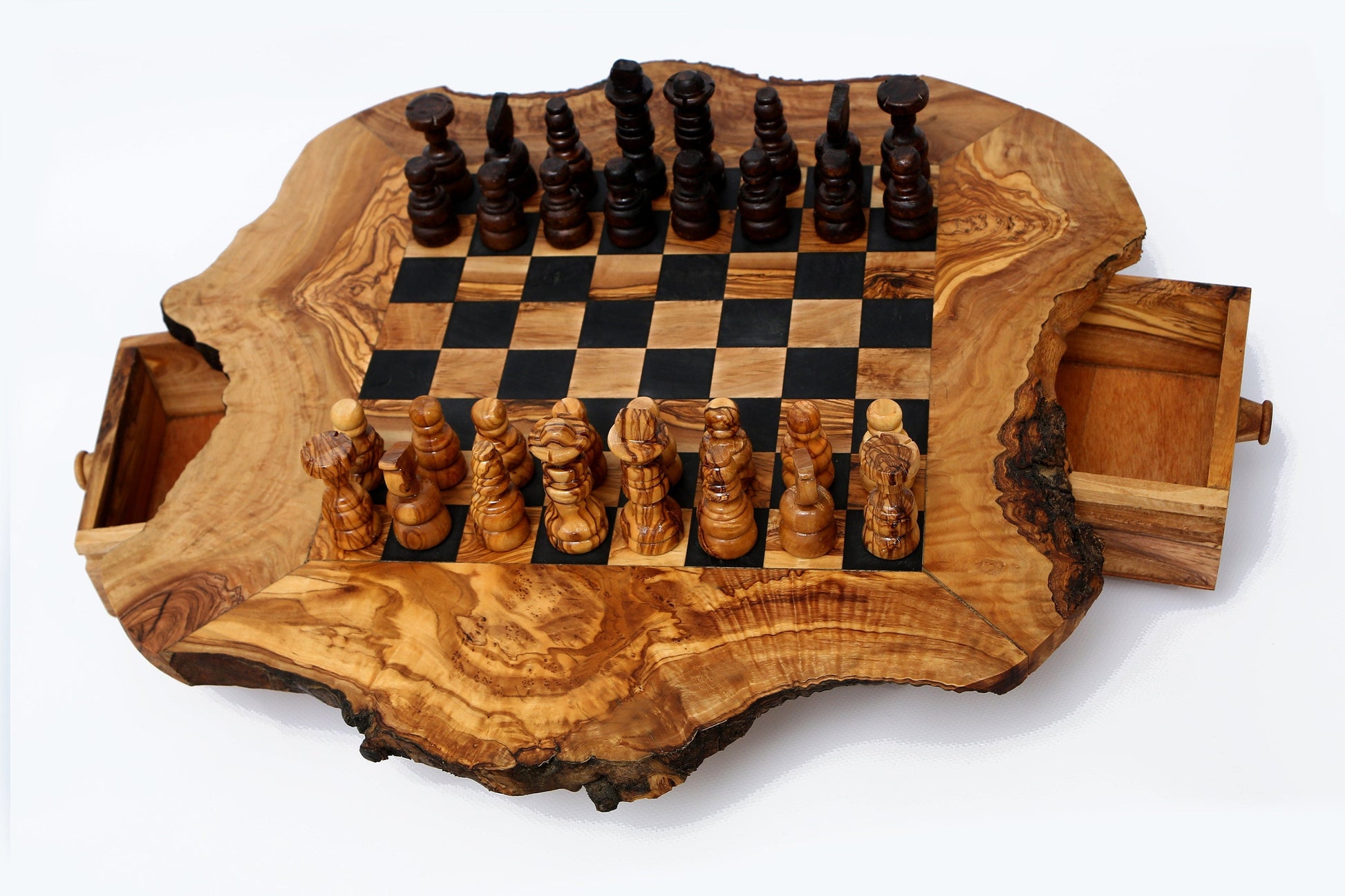 Olive Wood Wooden Handcrafted Chess Board Set W/ Pieces & Two Drawers - Perfect Unique Gift For Chess Lovers