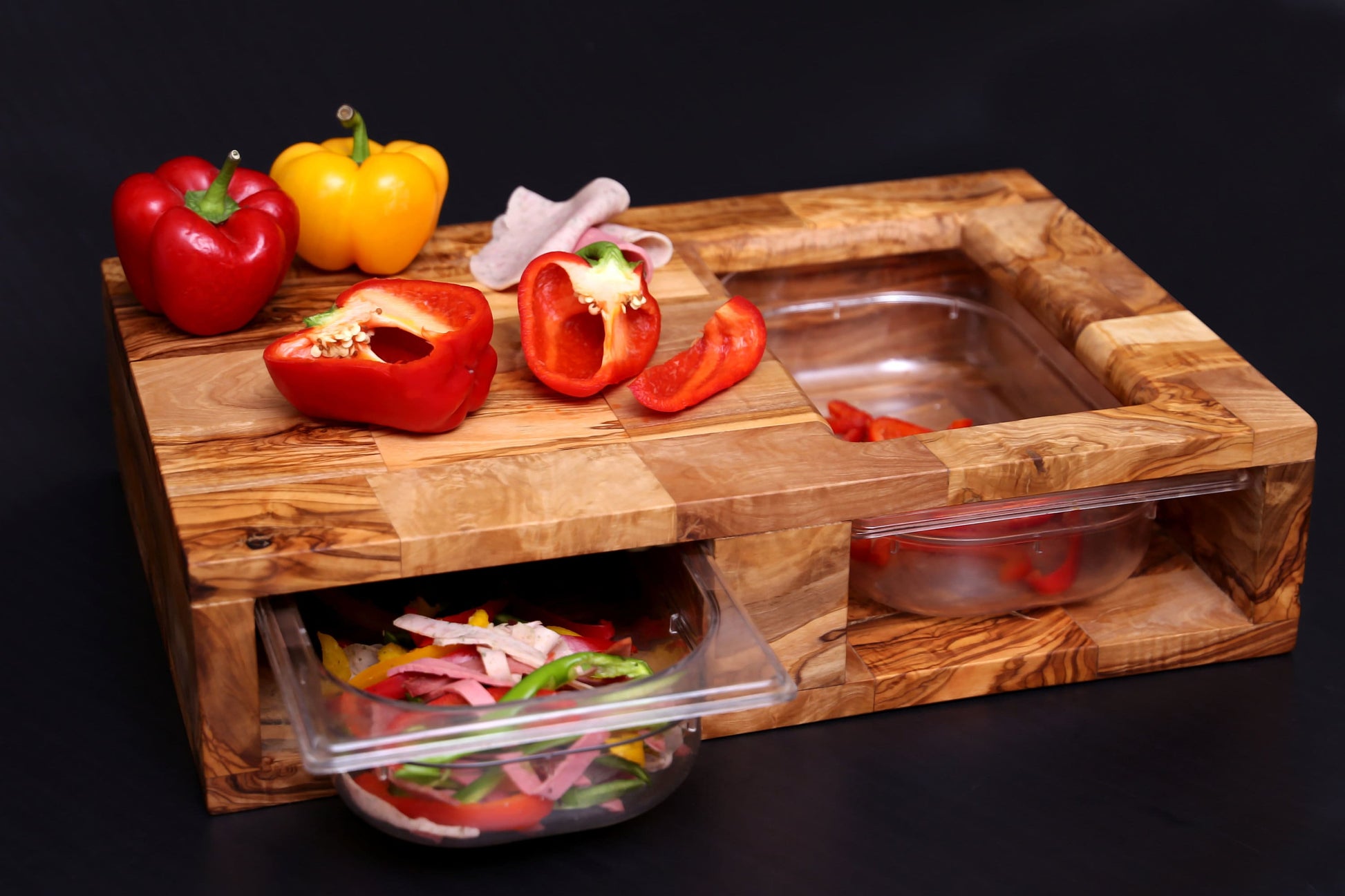 Olive Wood End Grain Cutting Board W/ 2 Containers