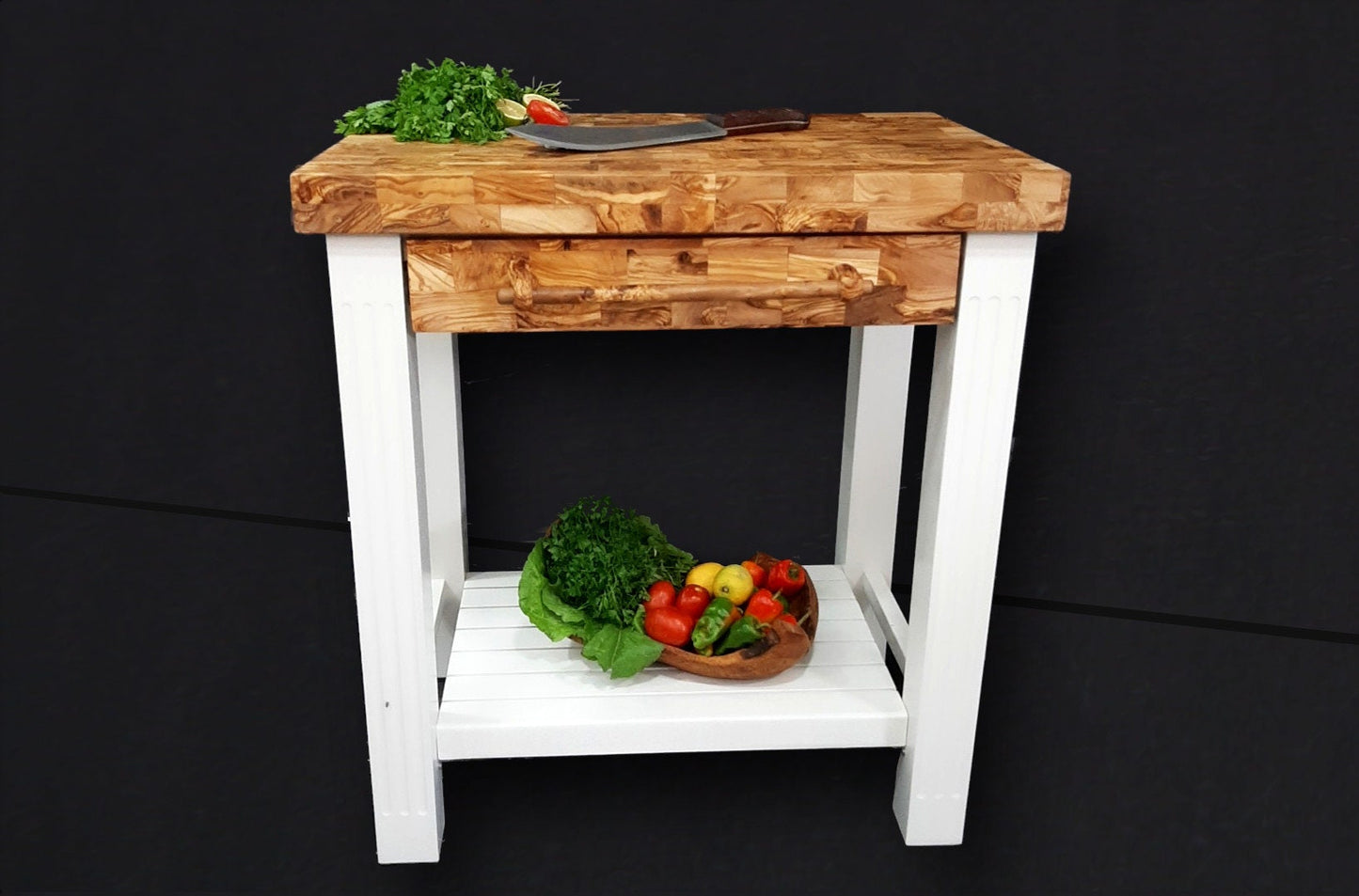 Olive Wood Scratch Resistant Solid Food Prep End Table Butcher Block / Kitchen Cart With Storage & Shelves