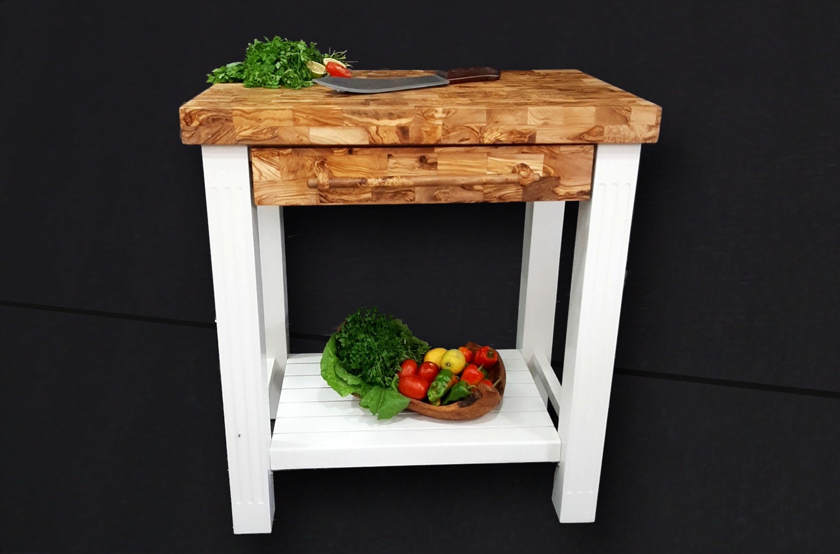 Olive Wood Scratch Resistant Solid Food Prep End Table Butcher Block / Kitchen Cart With Storage & Shelves