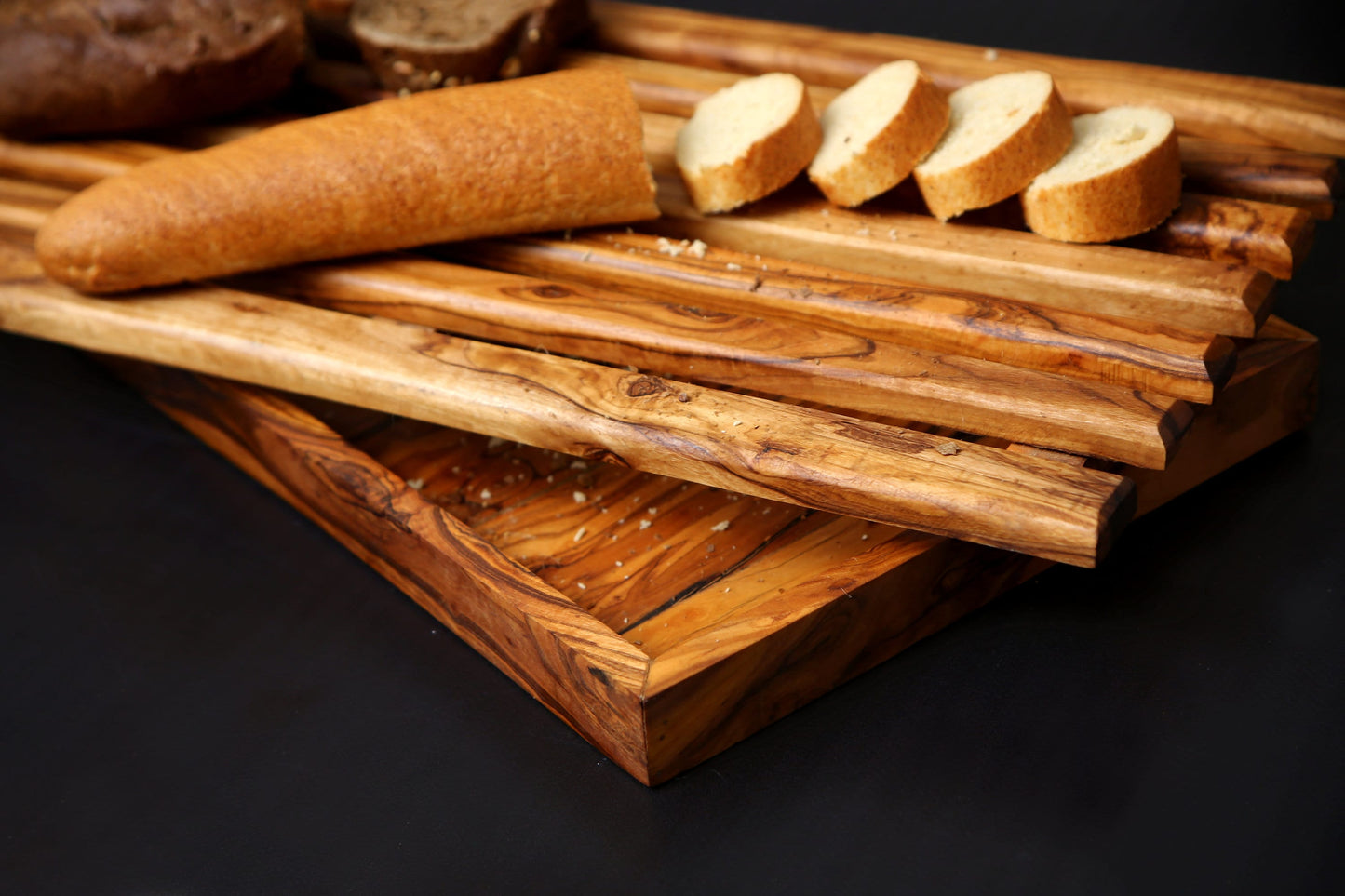 Olive wood Handcrafted Bread Cutting Board With Removable Slotted Cutting Grill And Base Serving Tray Crumb Catcher | Various Sizes