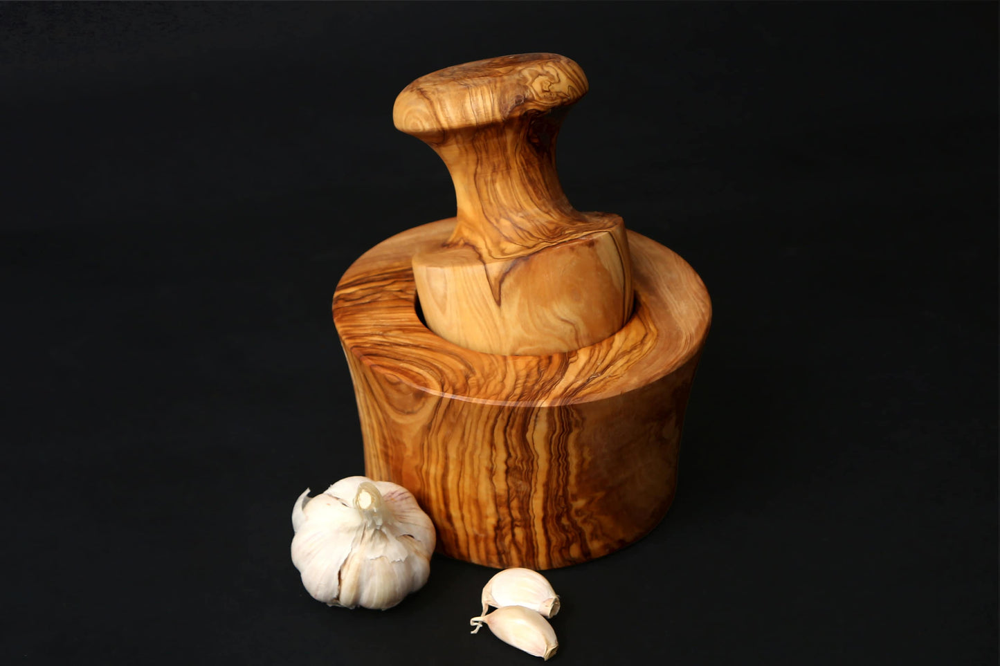 Olive Wood Garlic Grinder | Snug Fit Wooden Pestle & Mortar