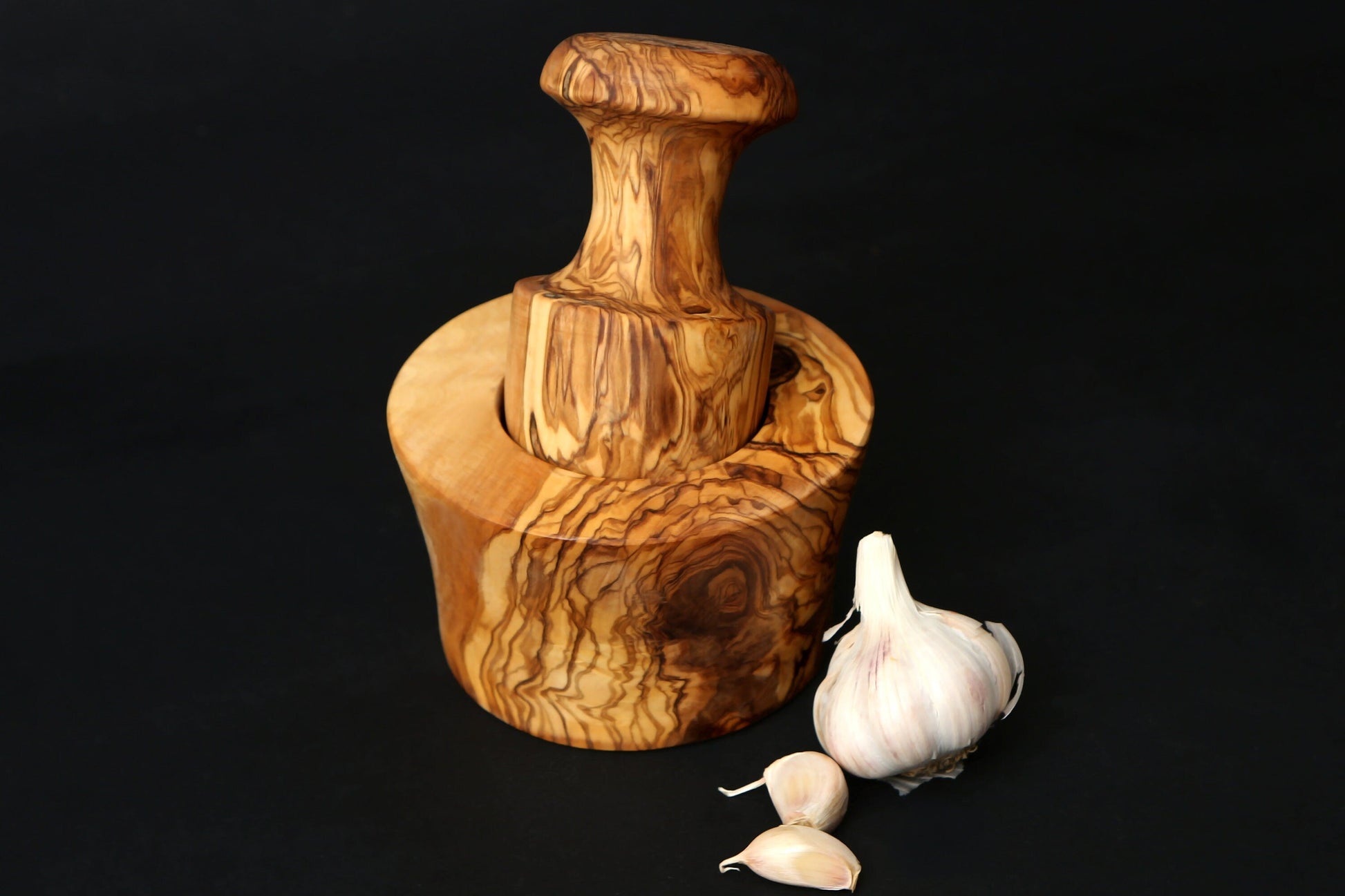 Olive Wood Garlic Grinder | Snug Fit Wooden Pestle & Mortar