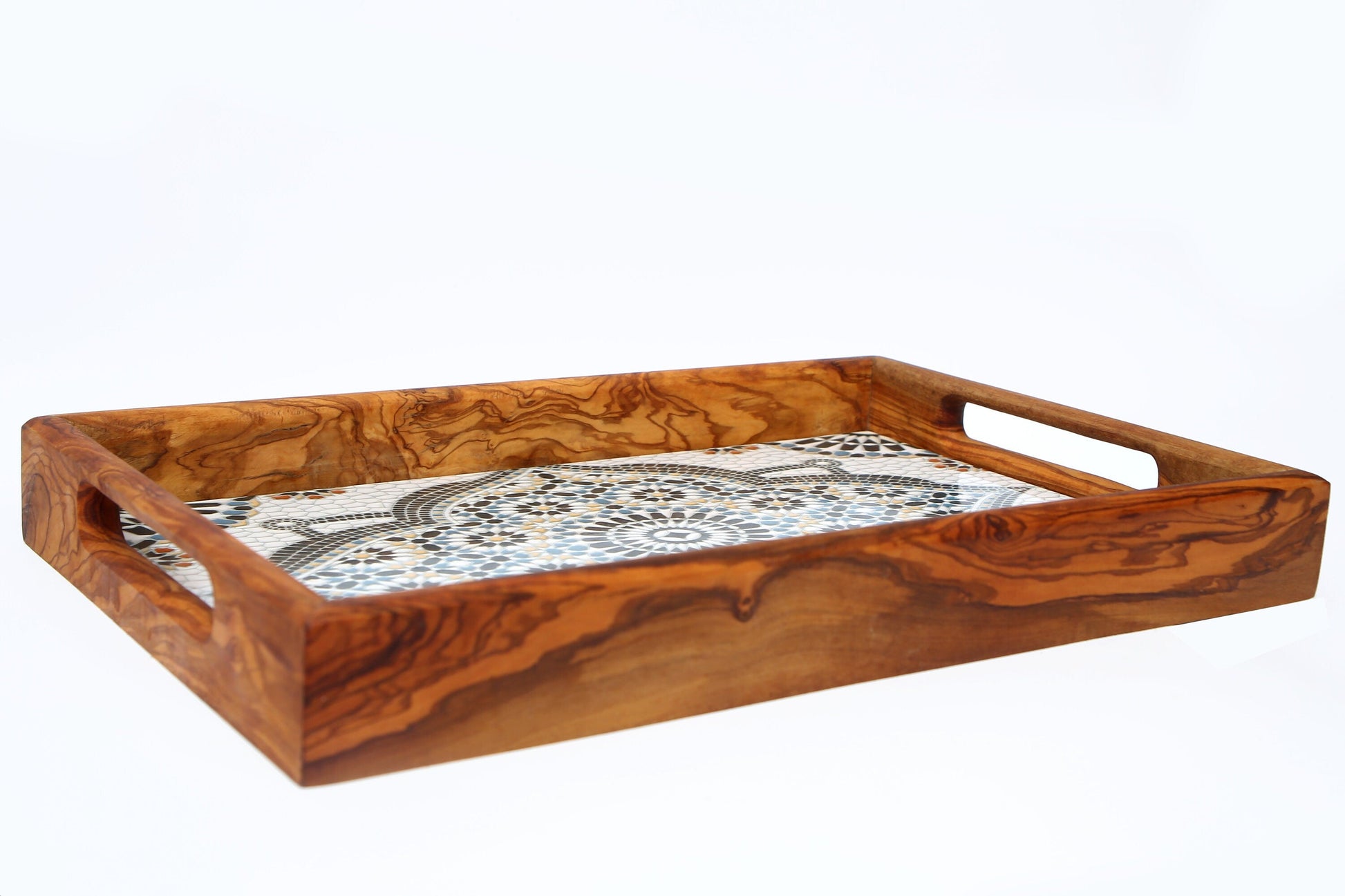 Olive Wood Rectangular Olive Wood Ceramic Tray with Handle 40 cm * 25 cm