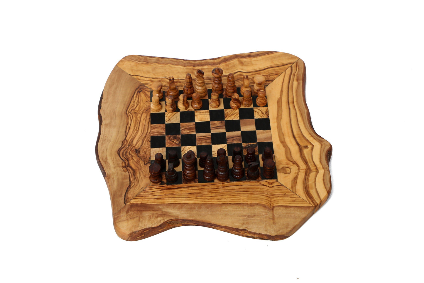 Olive Wood Handcrafted Rustic Shaped Wooden Chess Board Set With Pieces | Unique Gift Idea For Chess Lovers