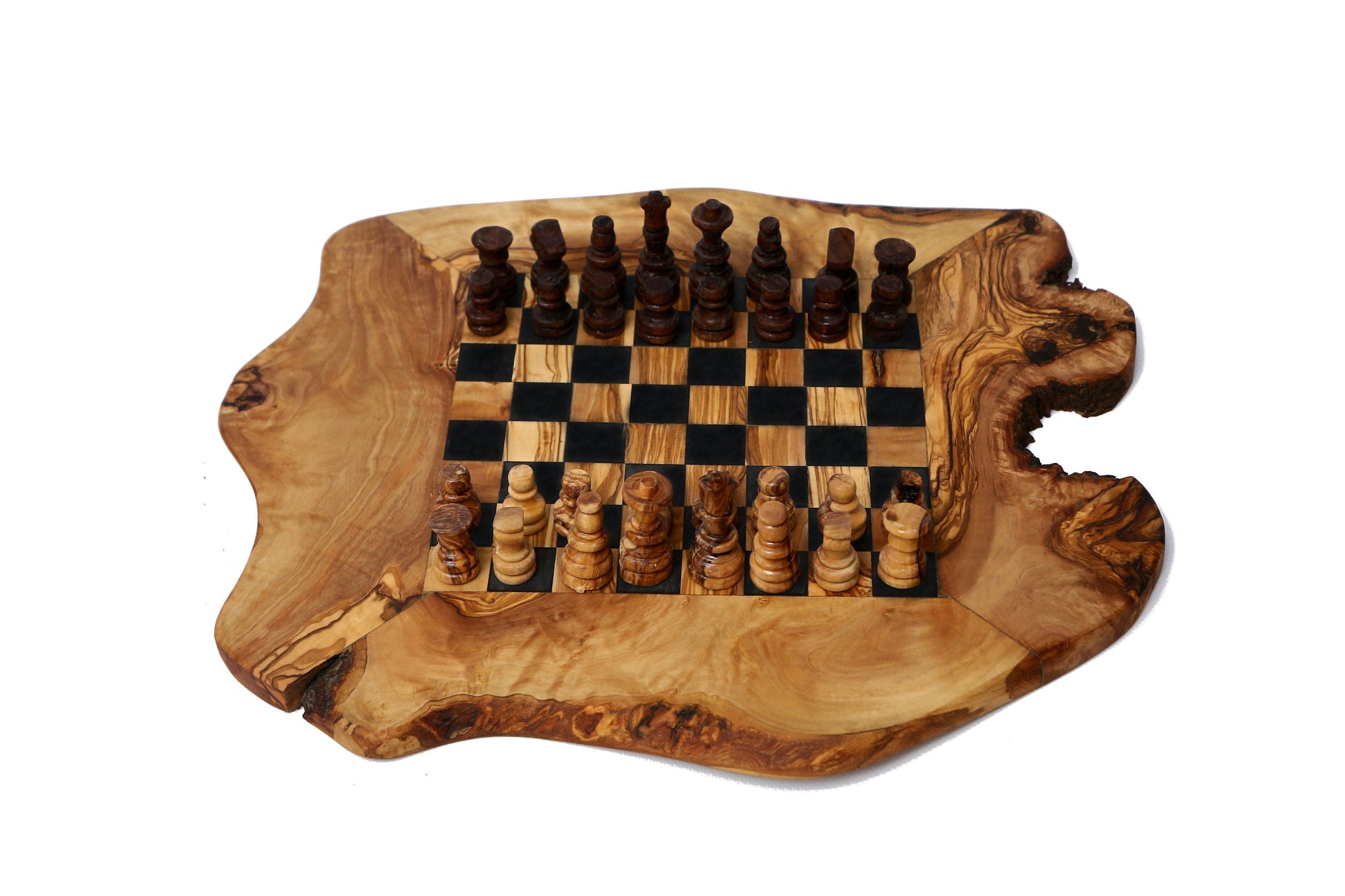 Olive Wood Handcrafted Rustic Shaped Wooden Chess Board Set With Pieces | Unique Gift Idea For Chess Lovers