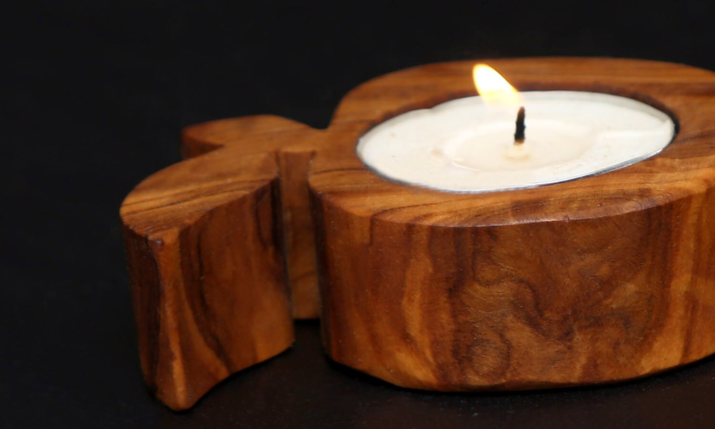 Olive Wood Apple Shaped Candle Holder