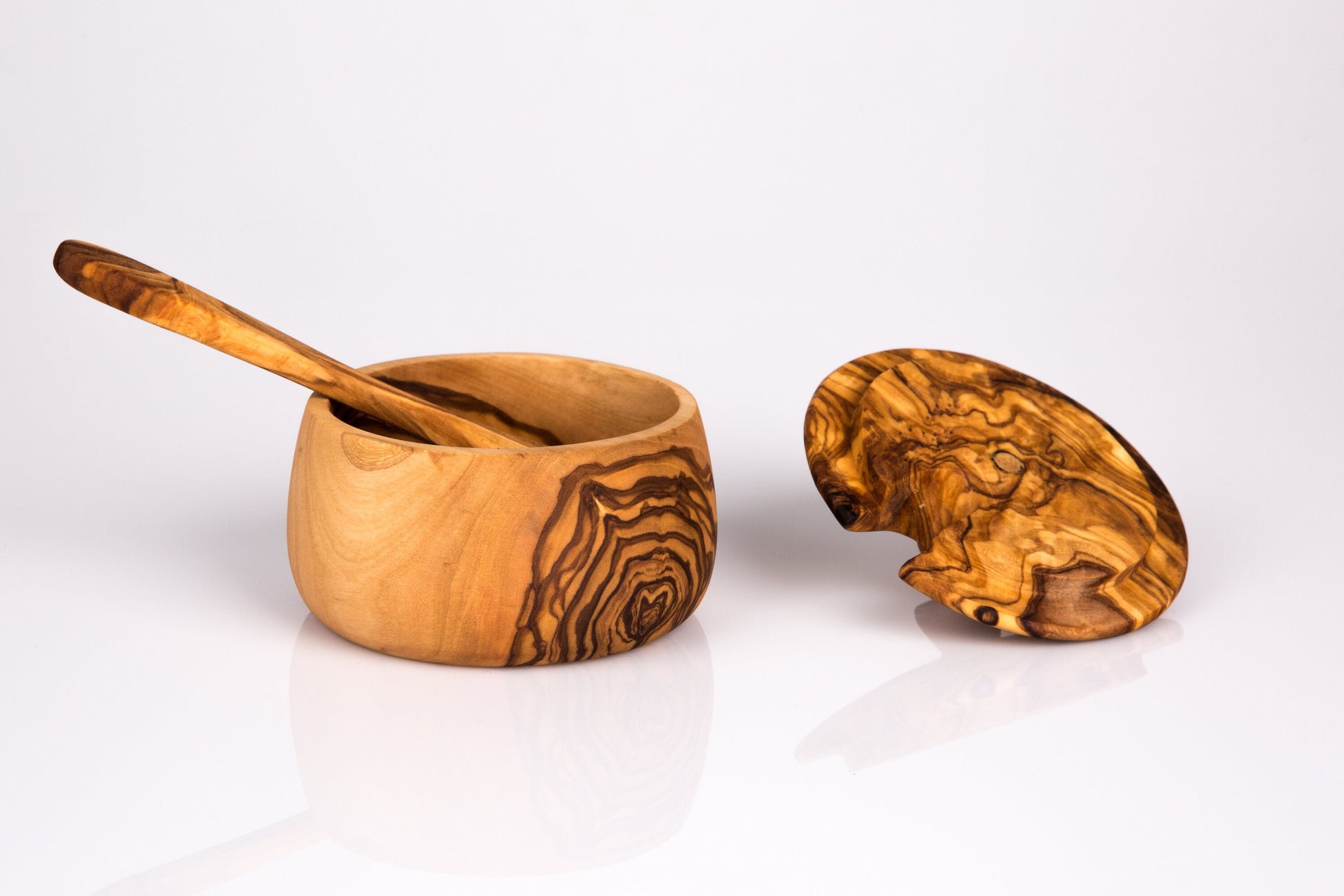 Olive Wood Handcrafted Tea Coffee Sugar Bowl W/ Spoon And Lid