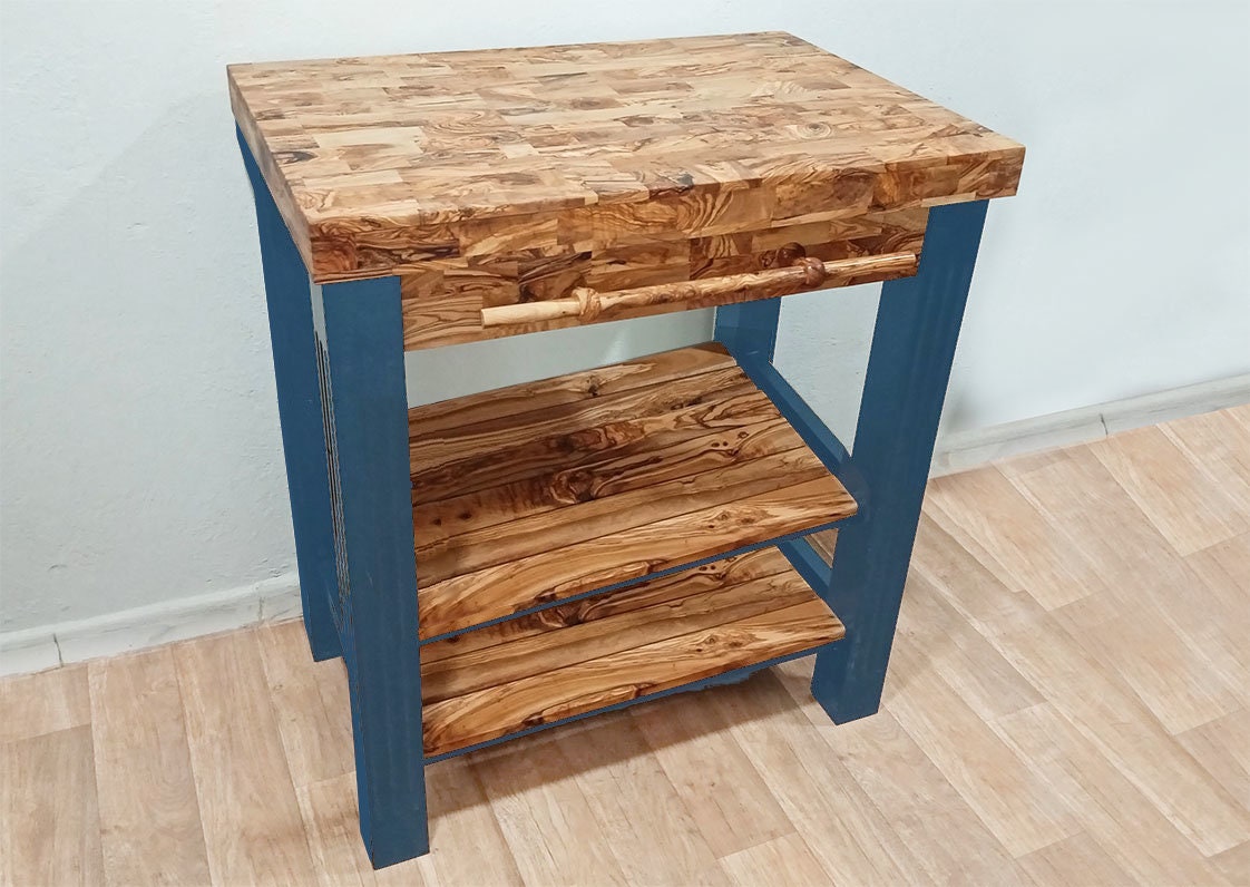 Olive Wood Scratch Resistant Solid Food Prep End Table Butcher Block / Kitchen Cart With Storage & Shelves