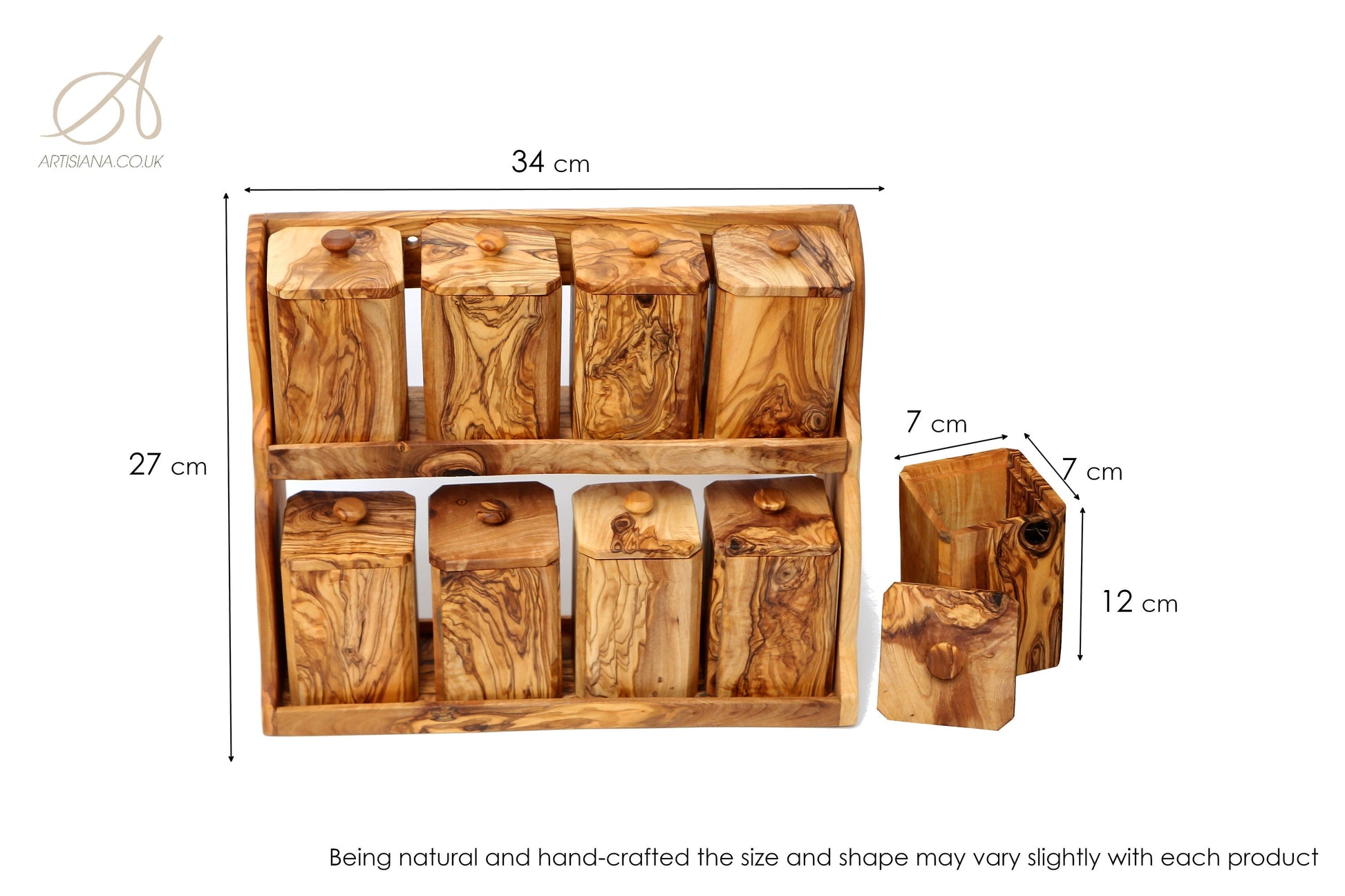 Olive Wood Spice Rack With 8 Containers And Spoons, Hand Crafted Eco Friendly Tea Coffee Sugar Boxes With Lids