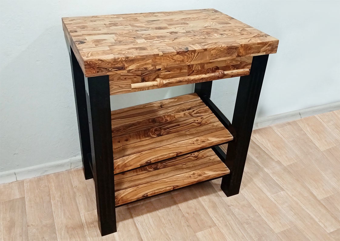 Olive Wood Scratch Resistant Solid Food Prep End Table Butcher Block / Kitchen Cart With Storage & Shelves