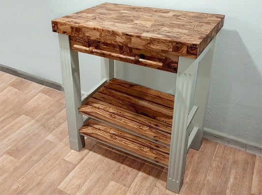 Olive Wood Scratch Resistant Solid Food Prep End Table Butcher Block / Kitchen Cart With Storage & Shelves