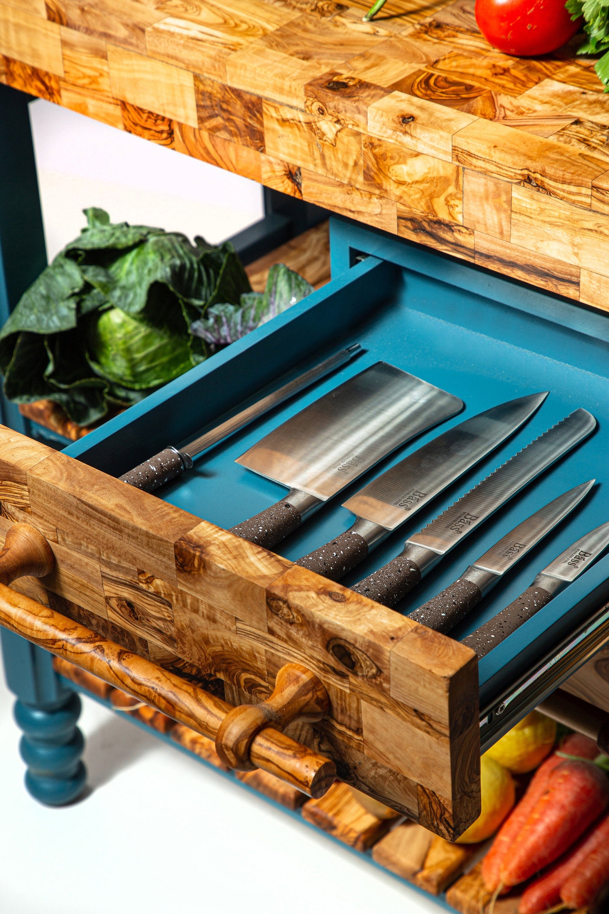 Olive Wood Table Butcher Block, Kitchen Butcher Block, small Kitchen island, Kitchen Table with 3 drawers