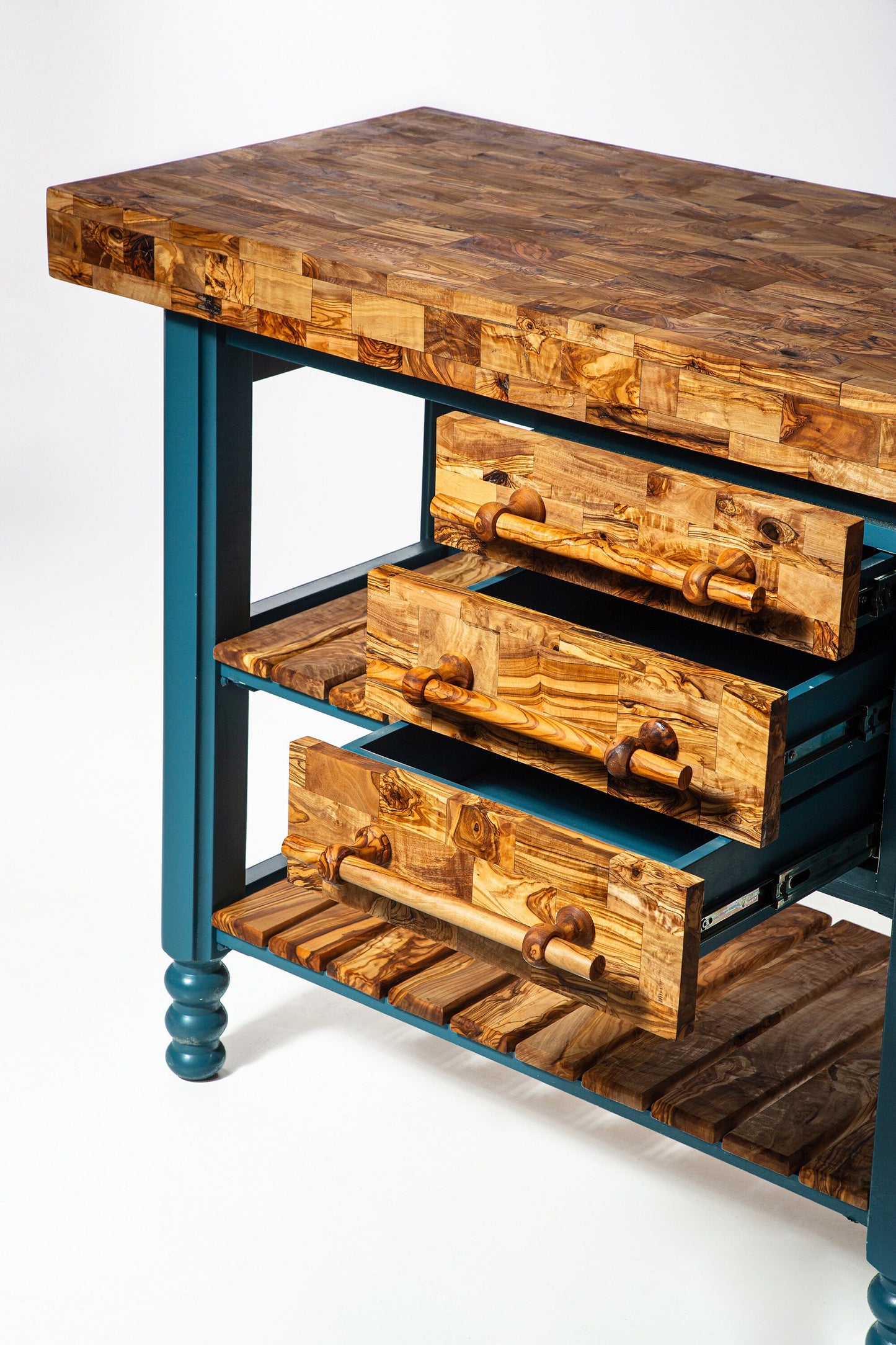 Olive Wood Table Butcher Block, Kitchen Butcher Block, small Kitchen island, Kitchen Cart with 3 drawers