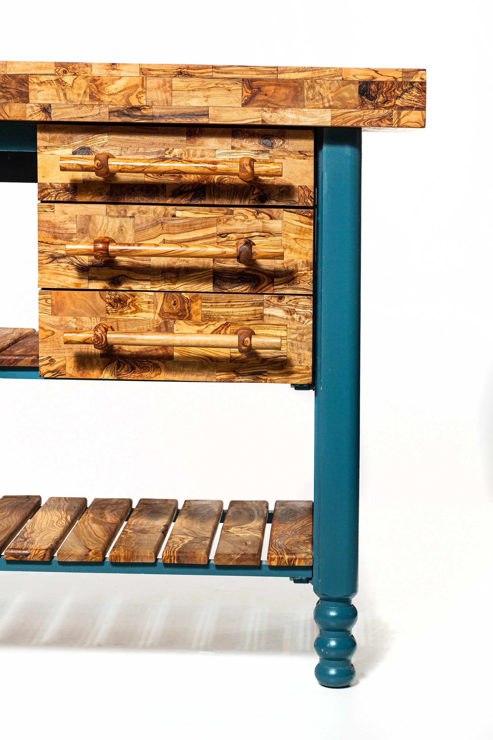 Olive Wood Table Butcher Block, Kitchen Butcher Block, small Kitchen island, Kitchen Table with 3 drawers