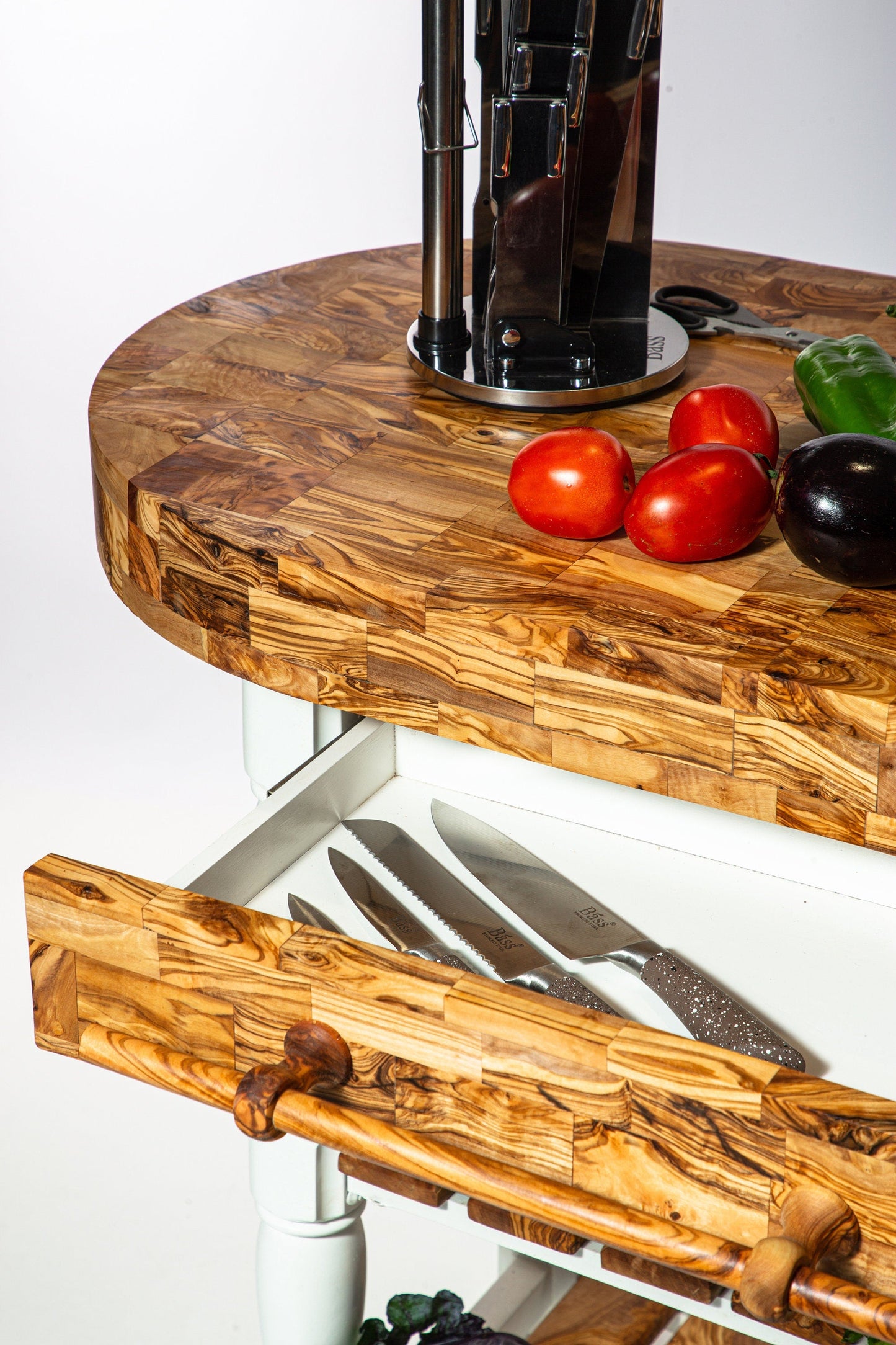 Olive Wood Butcher Block Counter Island W/ Shelves