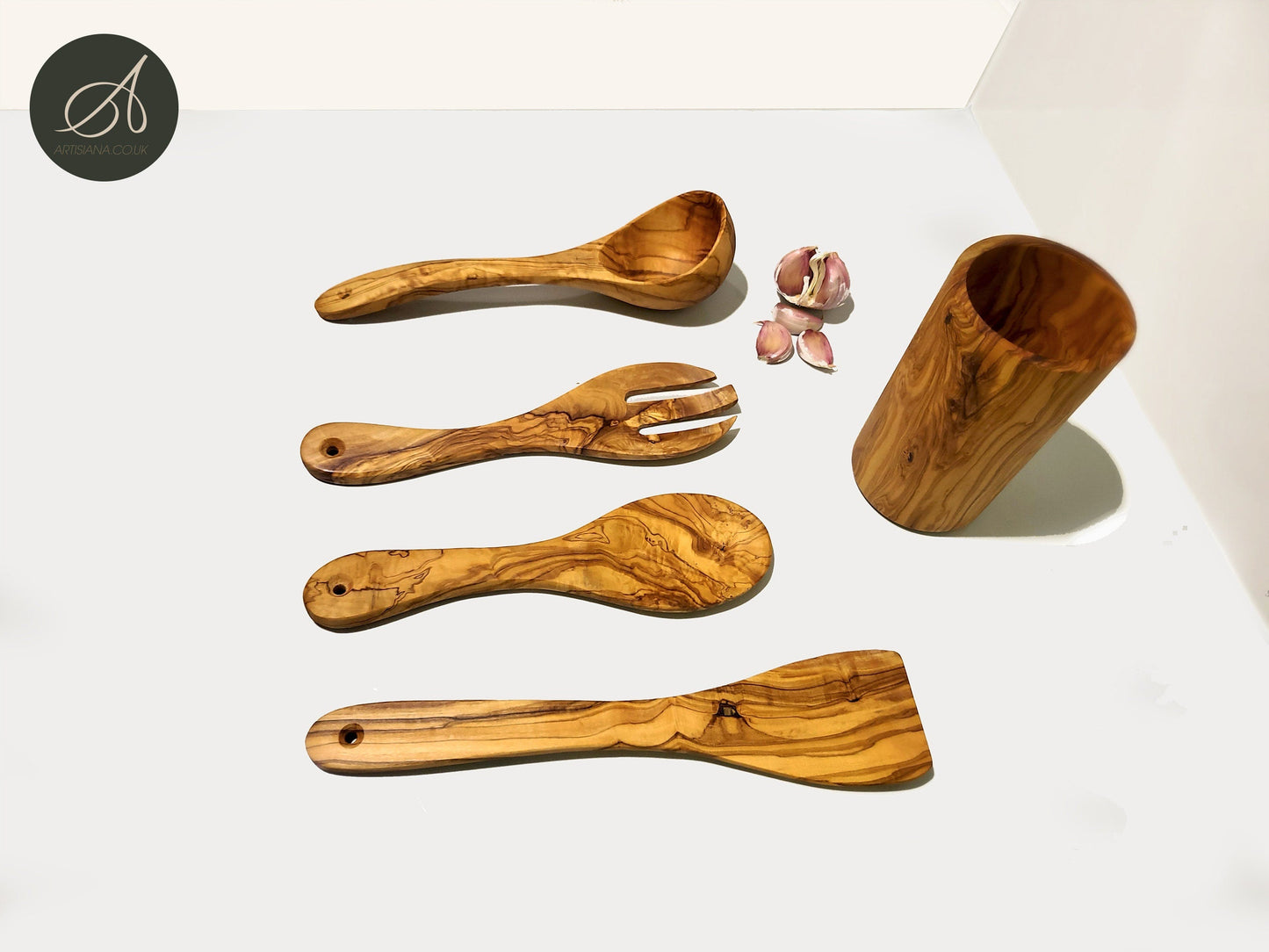 Set of 4 olive wood Kitchen Utensils and Round Utensil Holder, Kitchen Utensils, salad server, soup server, spatula, restaurant, chef, gift