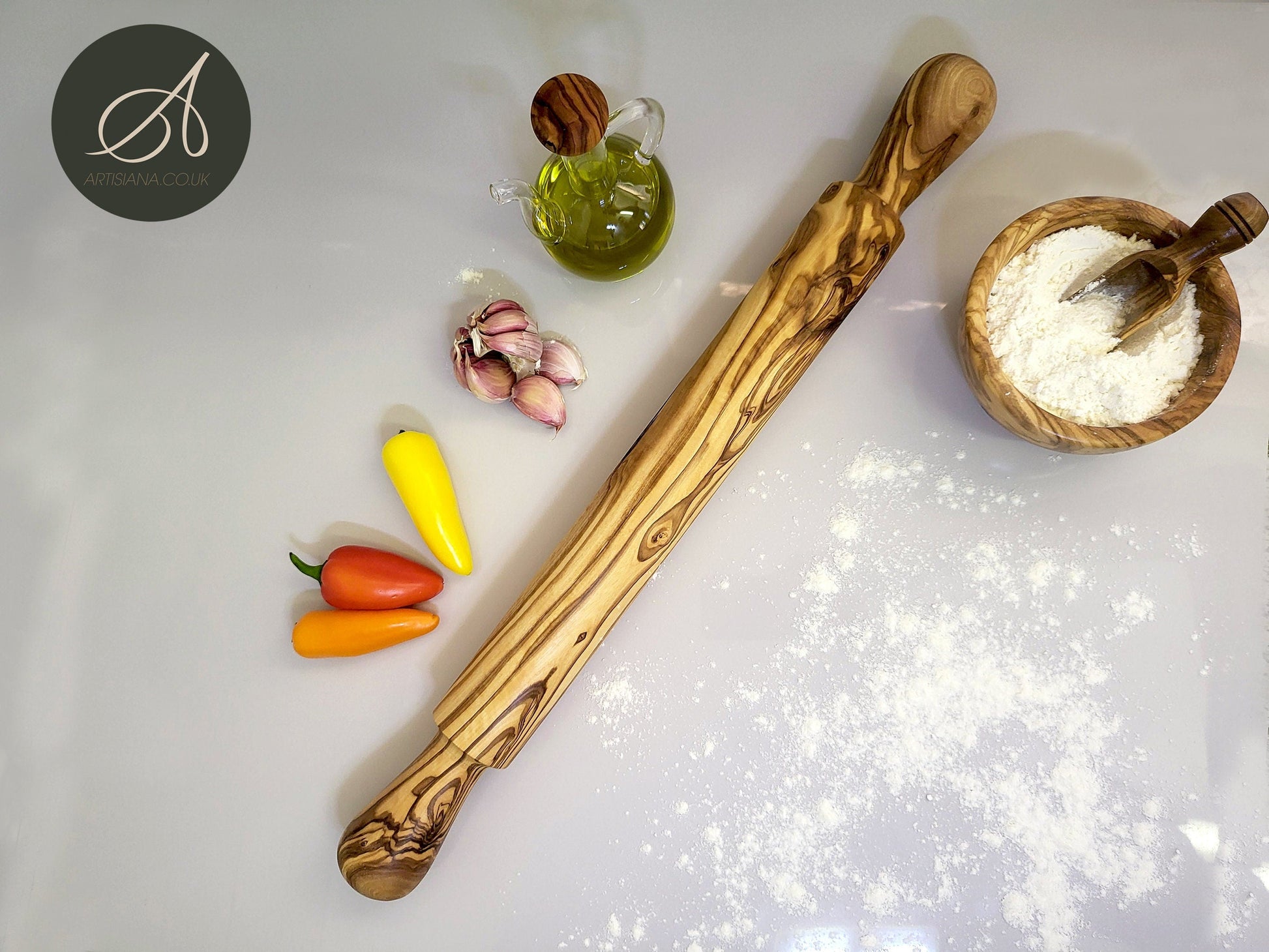 Olive wood Set of Rolling Pin , Small bowl, Spice scoop, oil-Vinegar bottle, bakery , pastery, kitchen utensils, restaurant, chef, gift