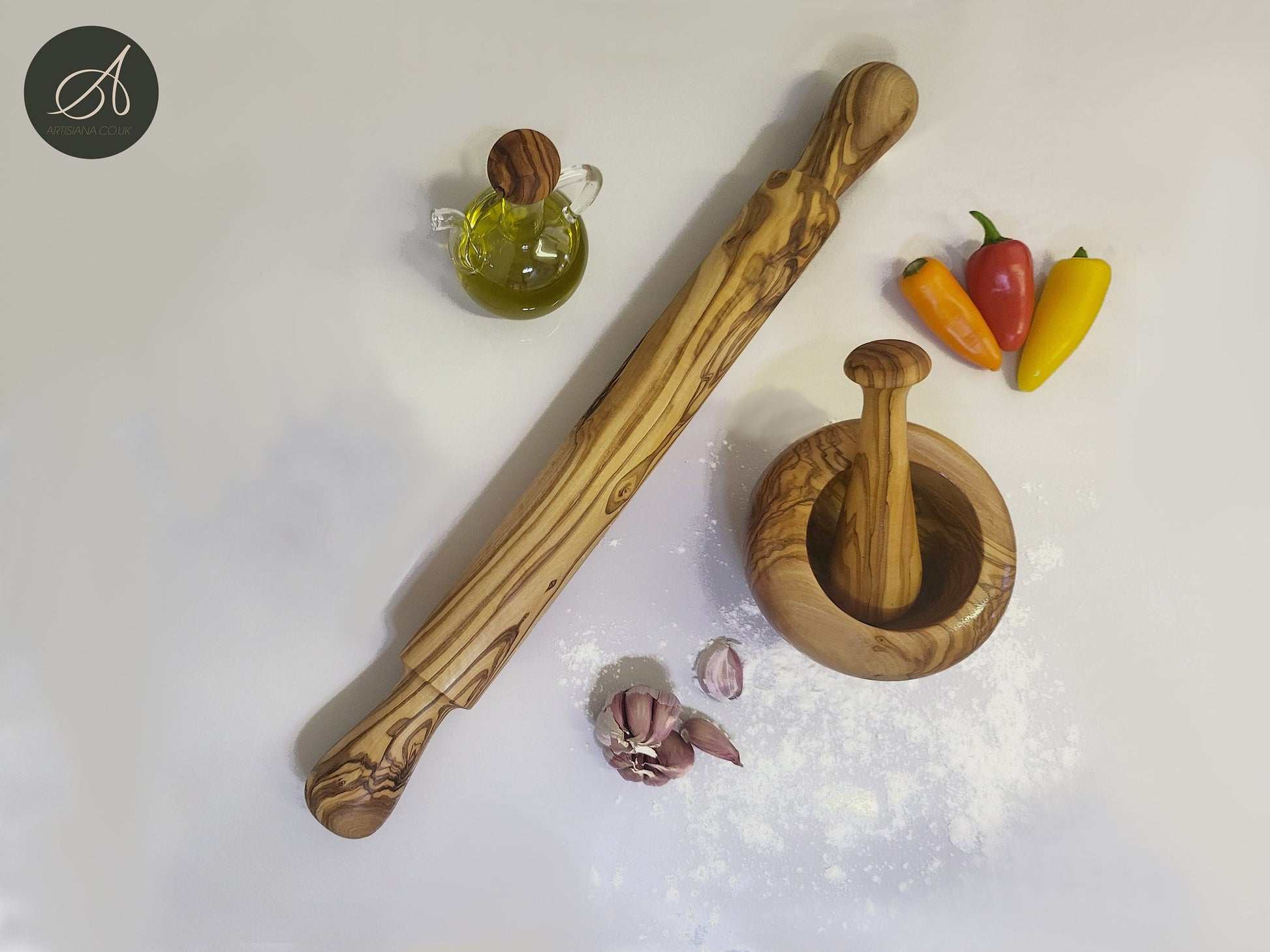 Olive wood Set of Rolling Pin, Mortar &pestle, oil,Vinegar bottle, bakery, pastery, kitchen utensils, restaurant, handmade, chef, gift