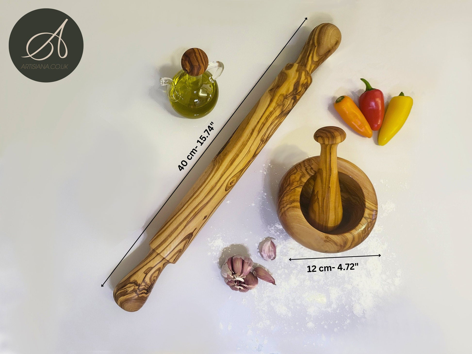 Olive wood Set of Rolling Pin, Mortar &pestle, oil,Vinegar bottle, bakery, pastery, kitchen utensils, restaurant, handmade, chef, gift