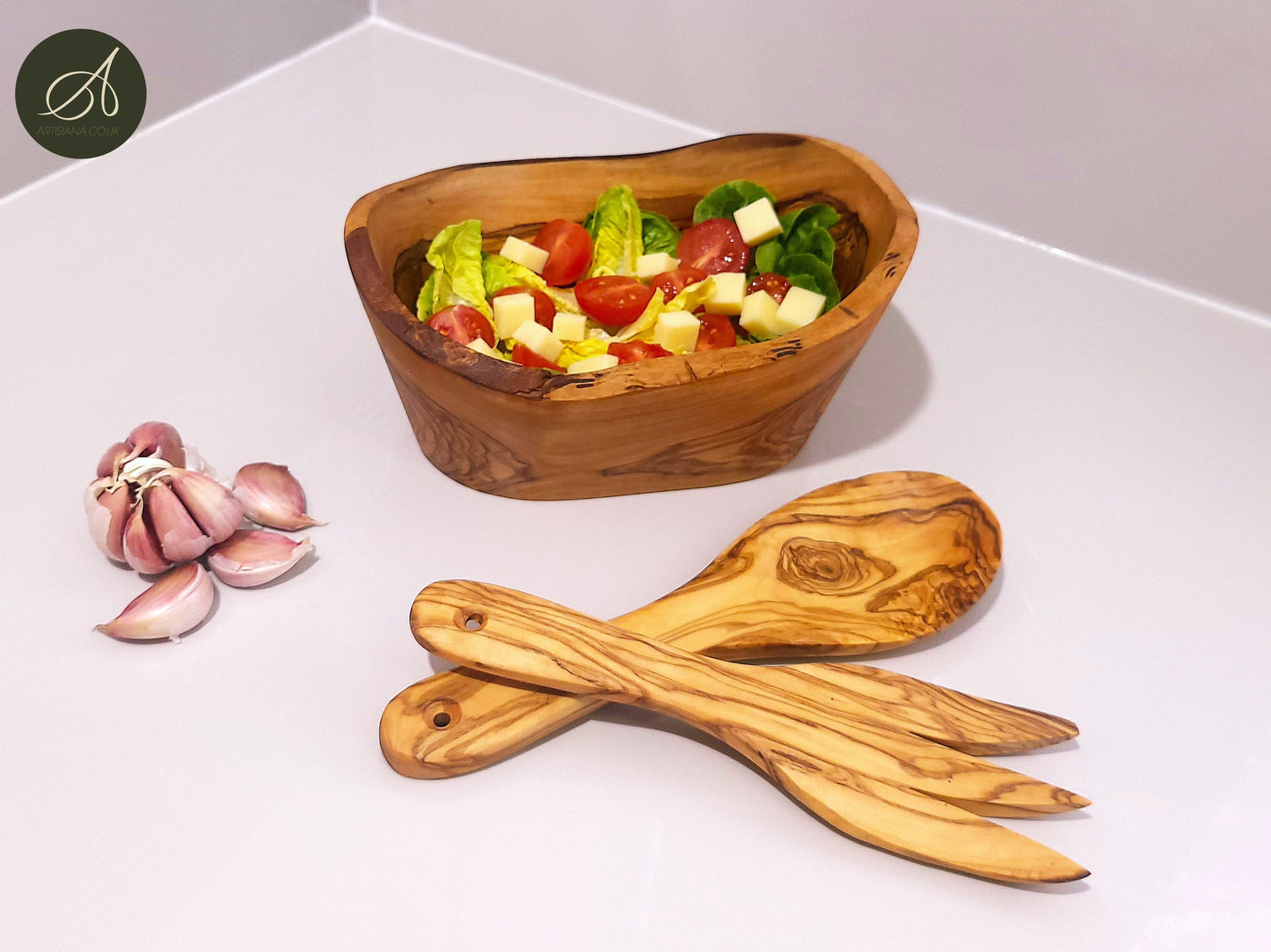 Set of olive wood hand carved Bowl and a cutlery, kitchen set, handmade, salad server, decor, gift