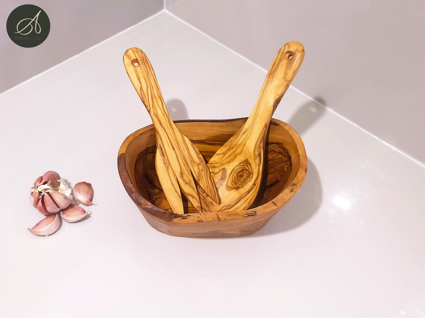 Set of olive wood hand carved Bowl and a cutlery, kitchen set, handmade, salad server, decor, gift