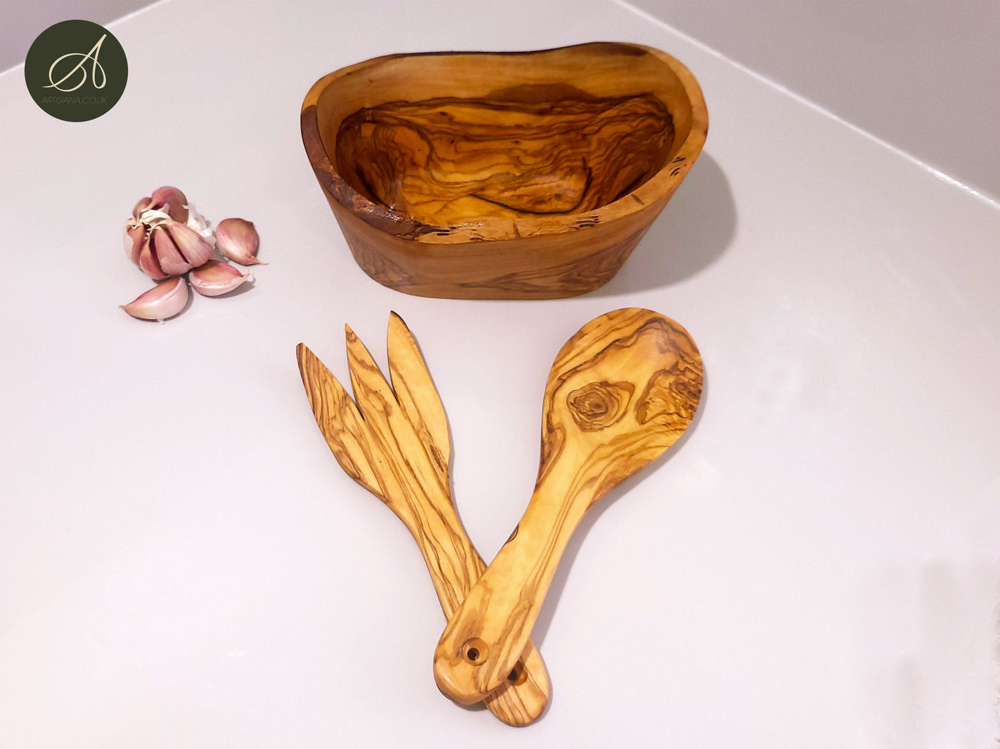 Set of olive wood hand carved Bowl and a cutlery, kitchen set, handmade, salad server, decor, gift