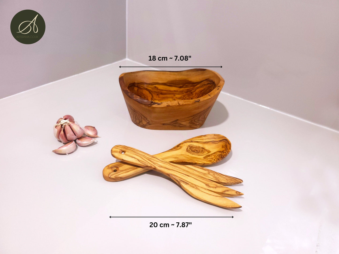 Set of olive wood hand carved Bowl and a cutlery, kitchen set, handmade, salad server, decor, gift