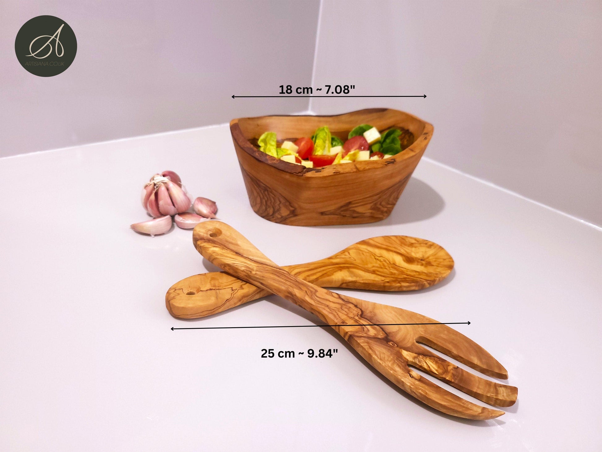 Set of olive wood hand carved Bowl and a salad server, kitchen set, handmade, cutlery, decor, gift