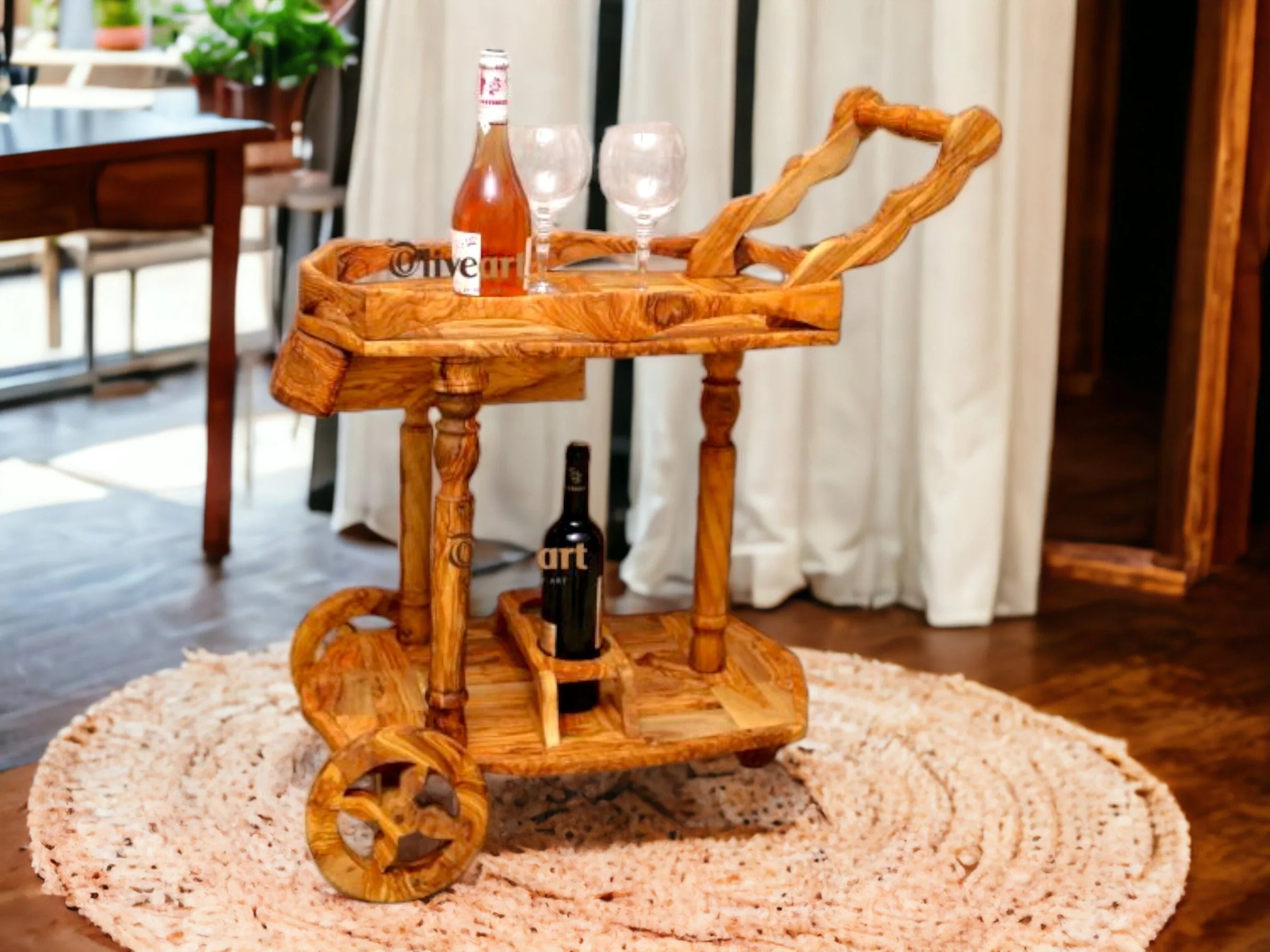 Olive wood display cart, wooden – handcrafted and natural design