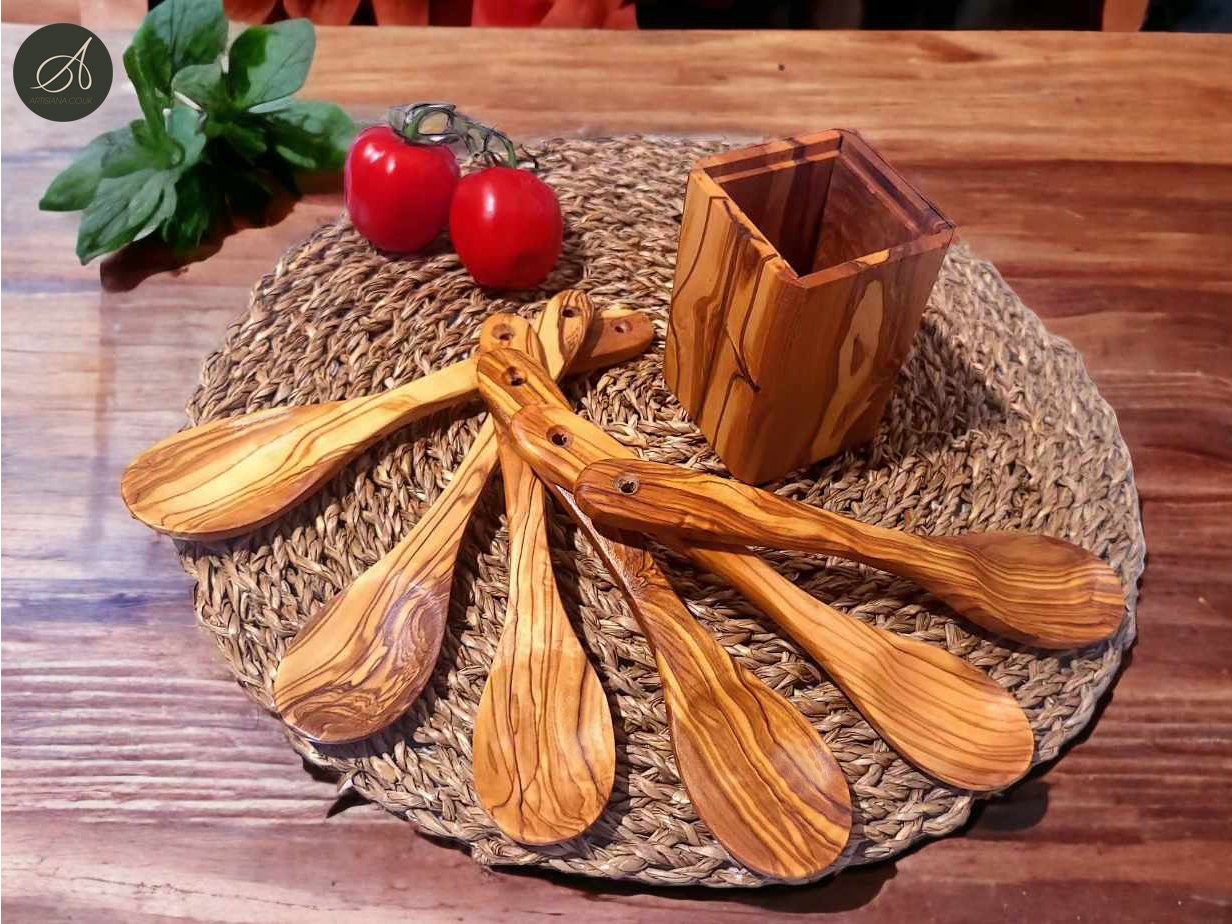 Wooden Utensils Set, Olive Wood Spoon Holder with 6 spoons 20 cm, kitchen utensils, cookware, handmade, decor, gift, restaurant