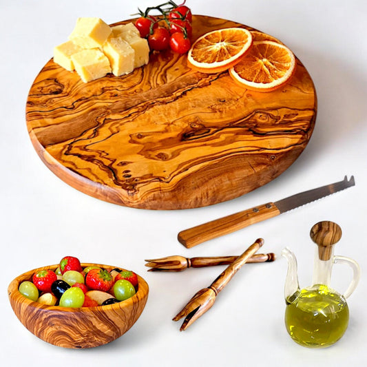 Olive wood set for cheese lover, cheese board, small bowl, olive picker, cheese knife, wood mouse holder