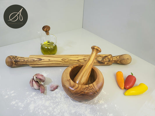 Olive wood Set of Rolling Pin, Mortar &pestle, oil,Vinegar bottle, bakery, pastery, kitchen utensils, restaurant, handmade, chef, gift